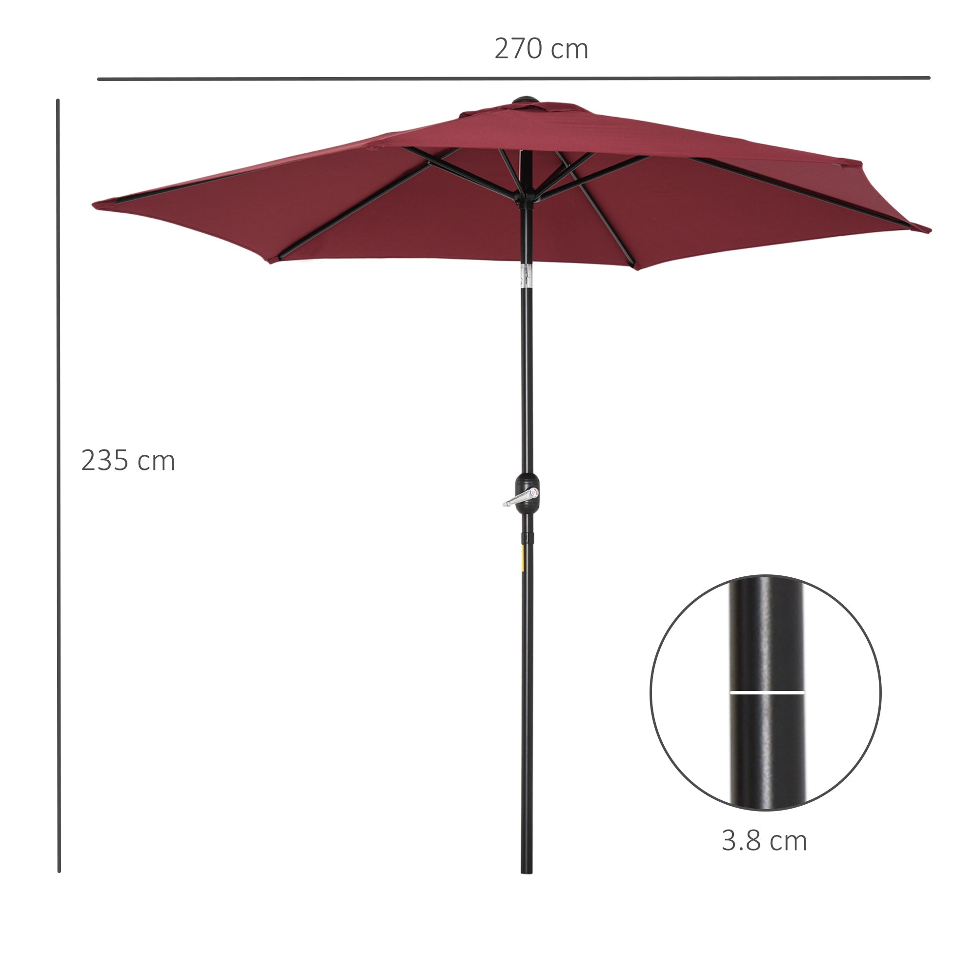 2.7M Garden Parasol Umbrella with Tilt and Crank, Outdoor Sun Parasol Sunshade Shelter with Aluminium Frame, Wine Red