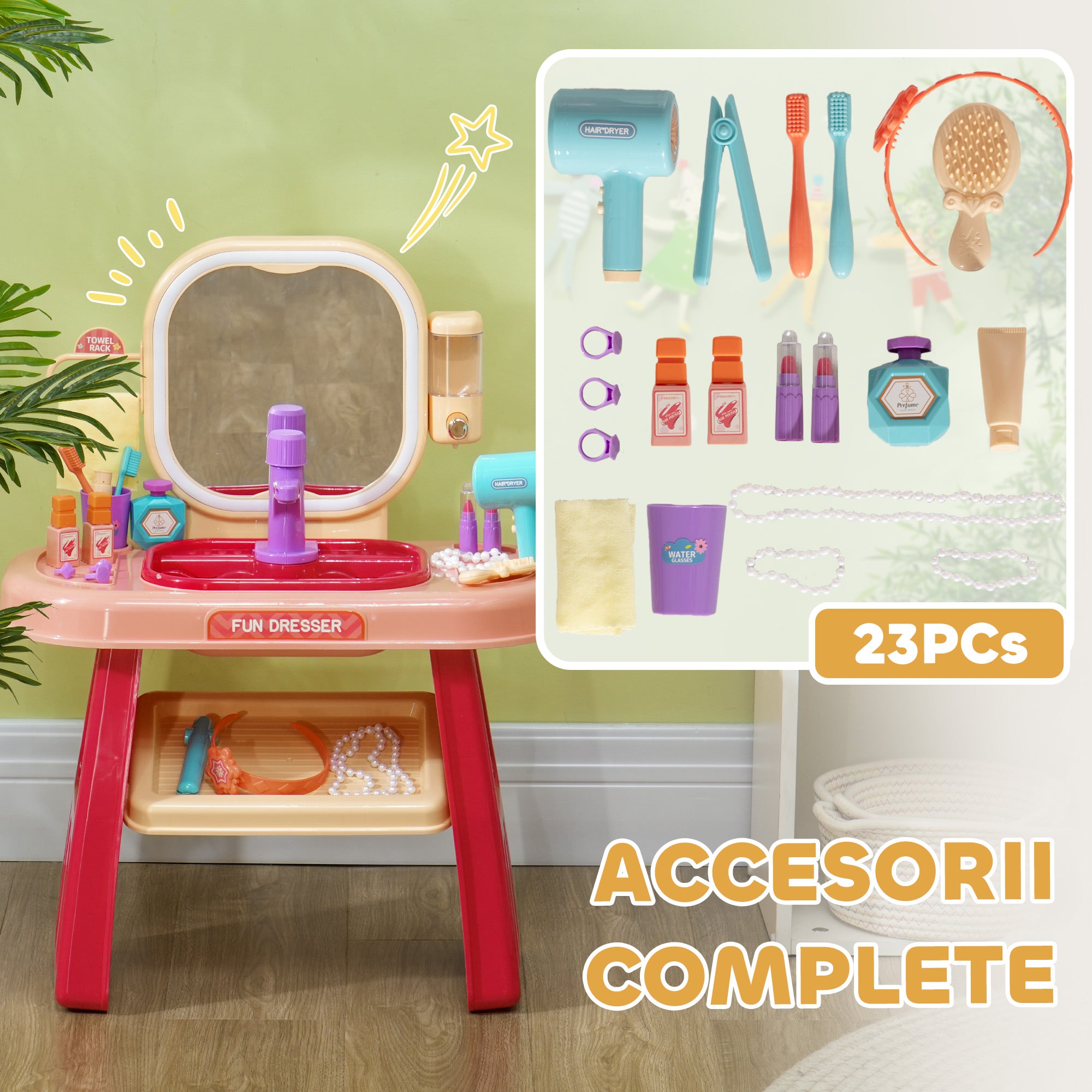 Kids Dressing Table with Mirror, LED Light, 23 Accessories, Pink