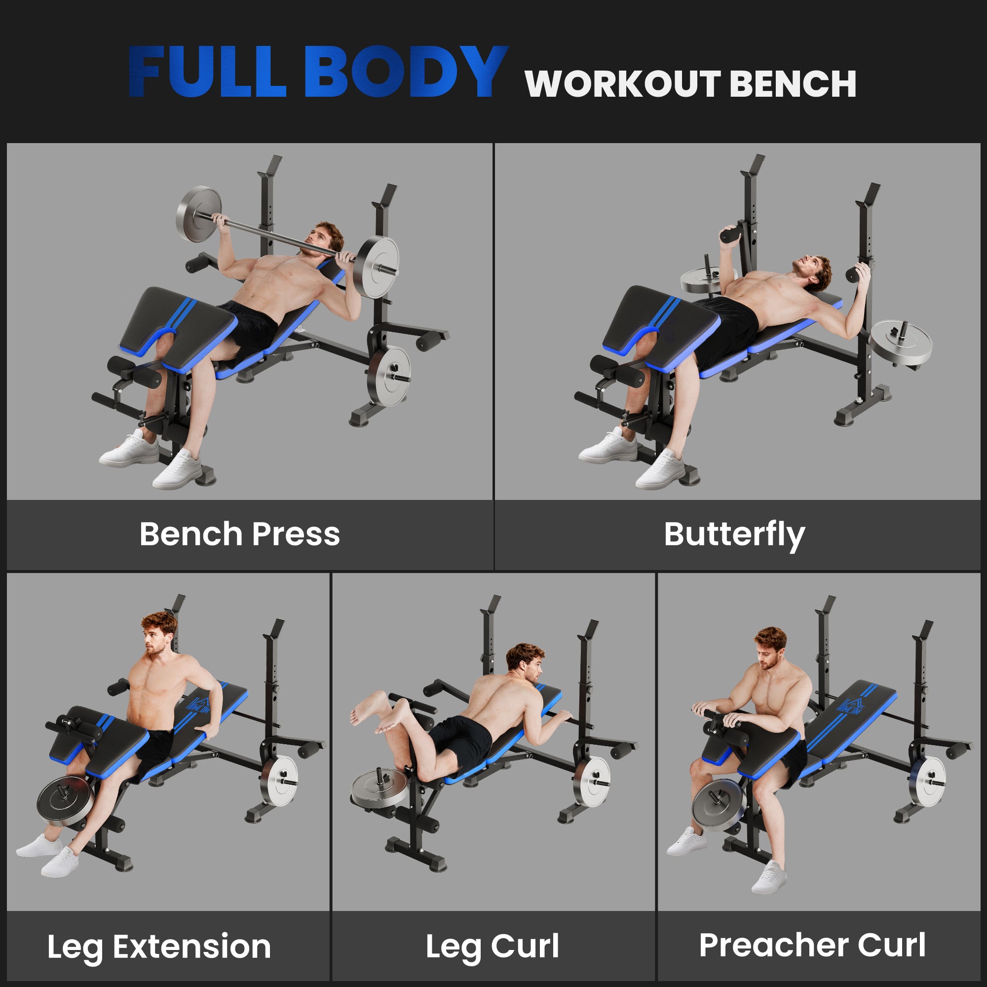 Adjustable Weight Bench with Leg Extension, Barbell Rack, Preacher Curl Pad, Butterfly, Multi-Function Home Gym Bench for Strength Training, Blue