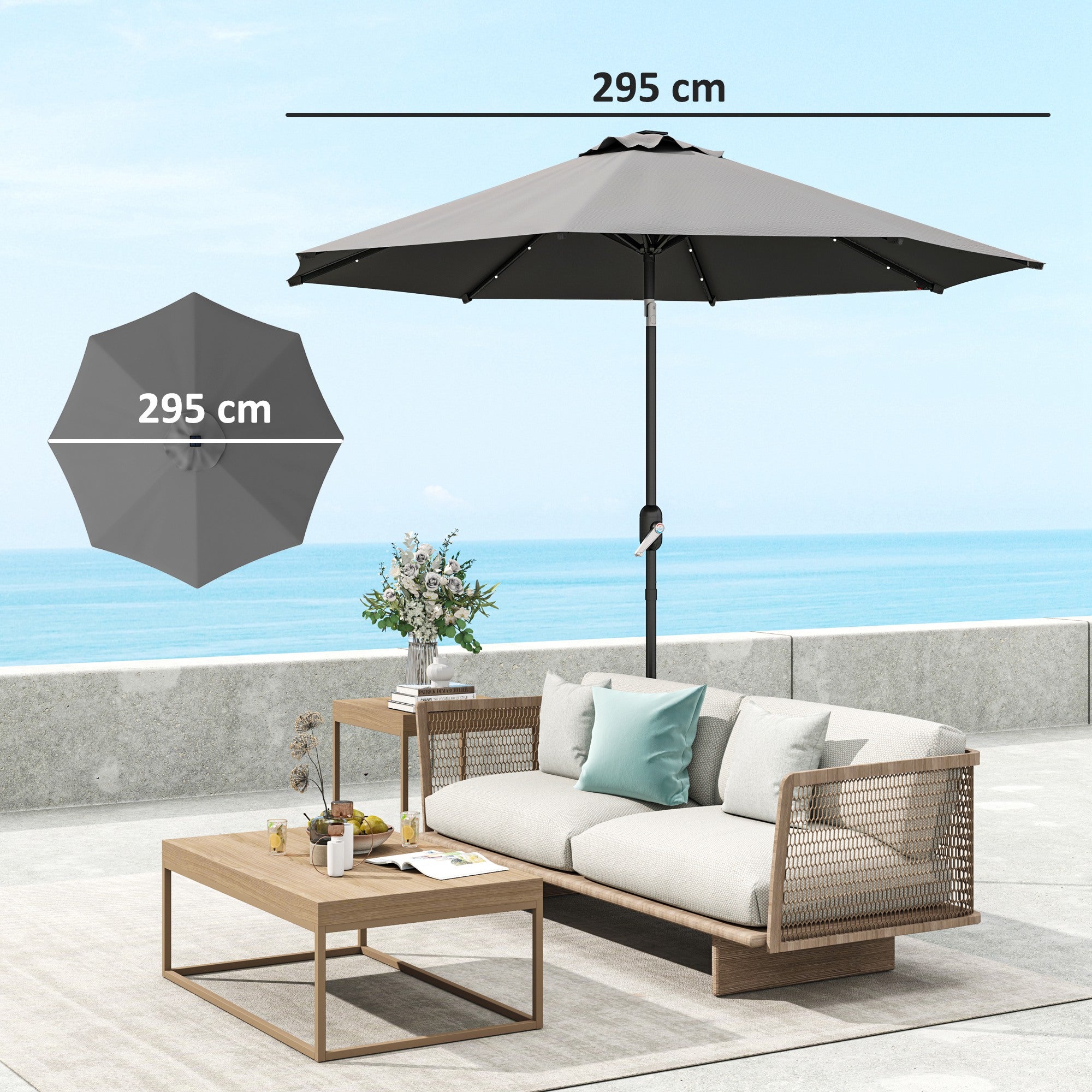 3m UPF 50+ Replacement Parasol Canopy with Vent, Fits 8 Rib Frames up to 300cm - Grey