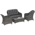 4 Piece Rattan Sofa Set with Aluminium Frame and Glass Table - Light Grey