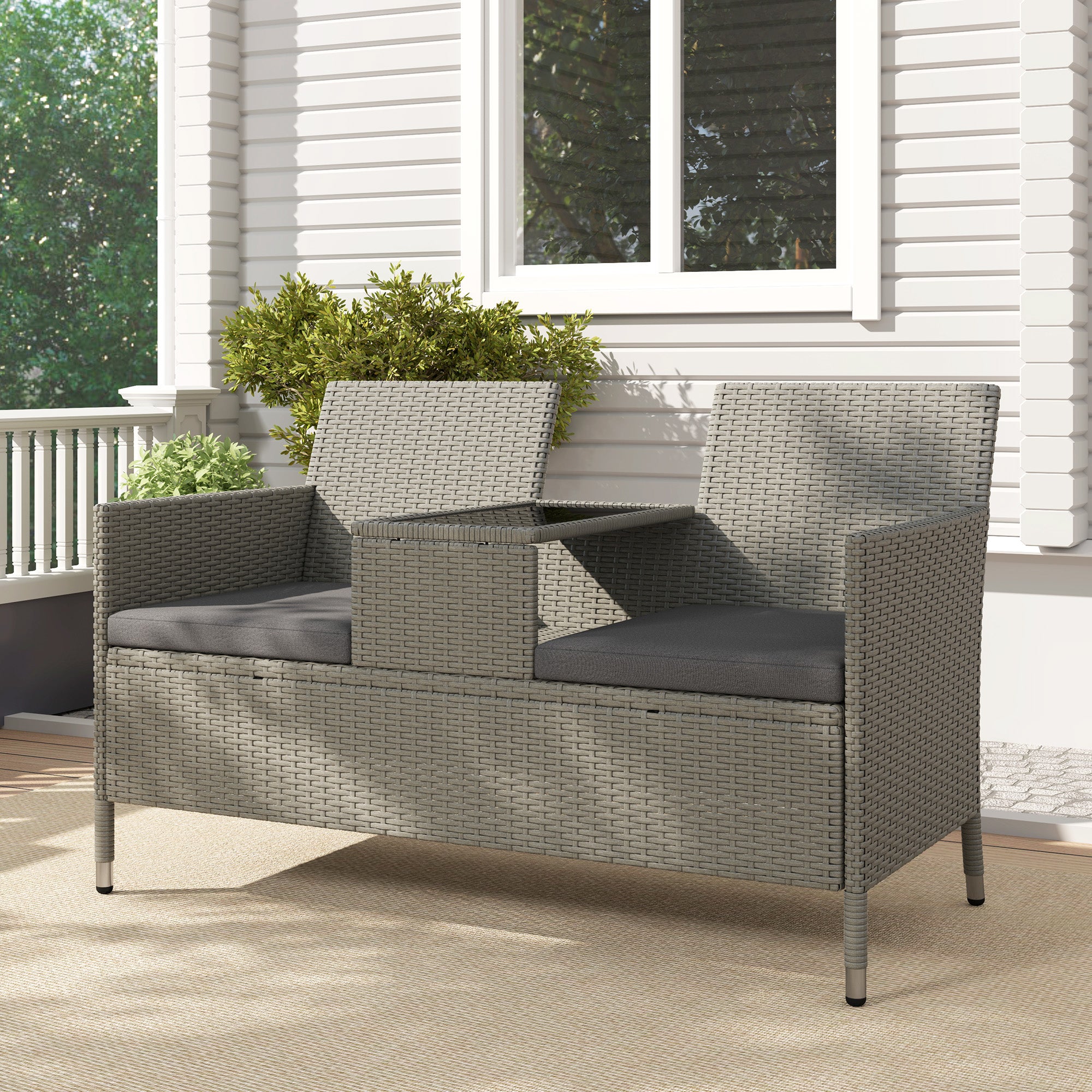 2-Seater PE Rattan Outdoor Garden Bench w/ Centre Table Grey