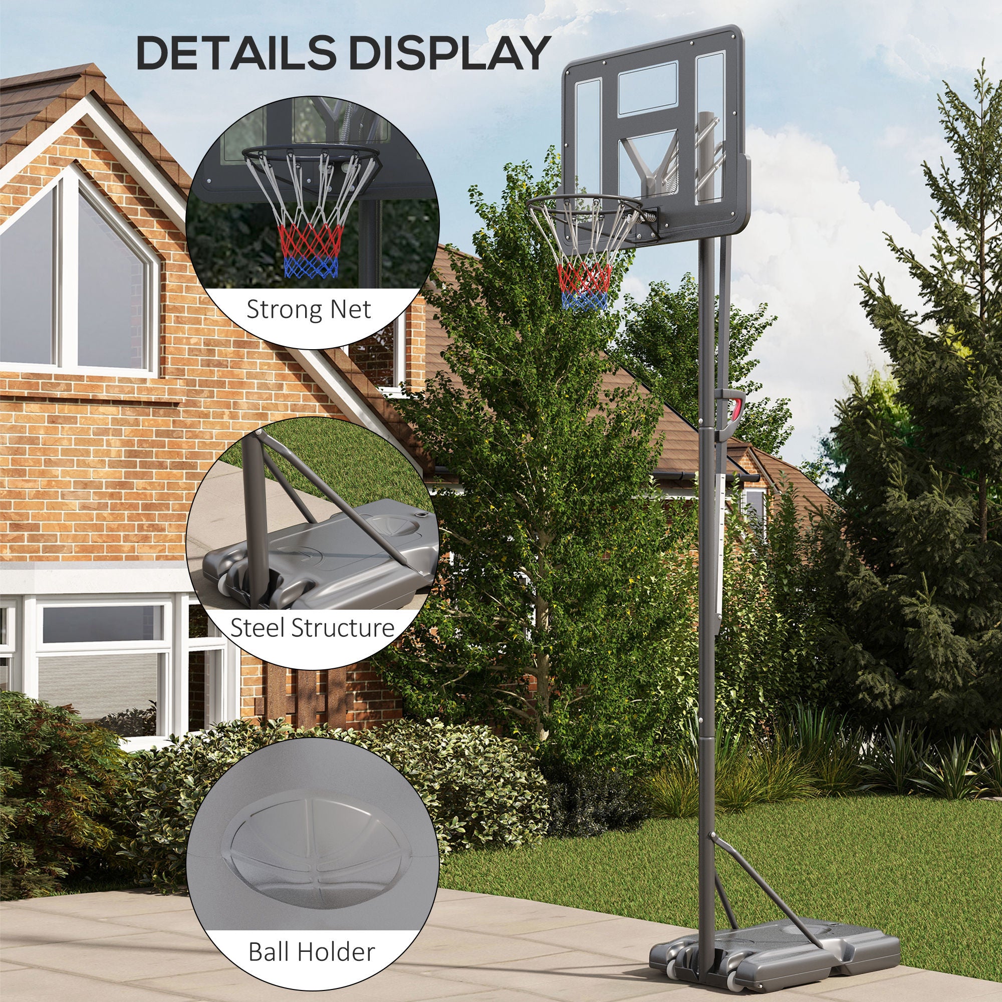 Height Adjustable Basketball System, Freestanding Basketball Hoop and Stand w/ Wheels, 2.35-3.05m