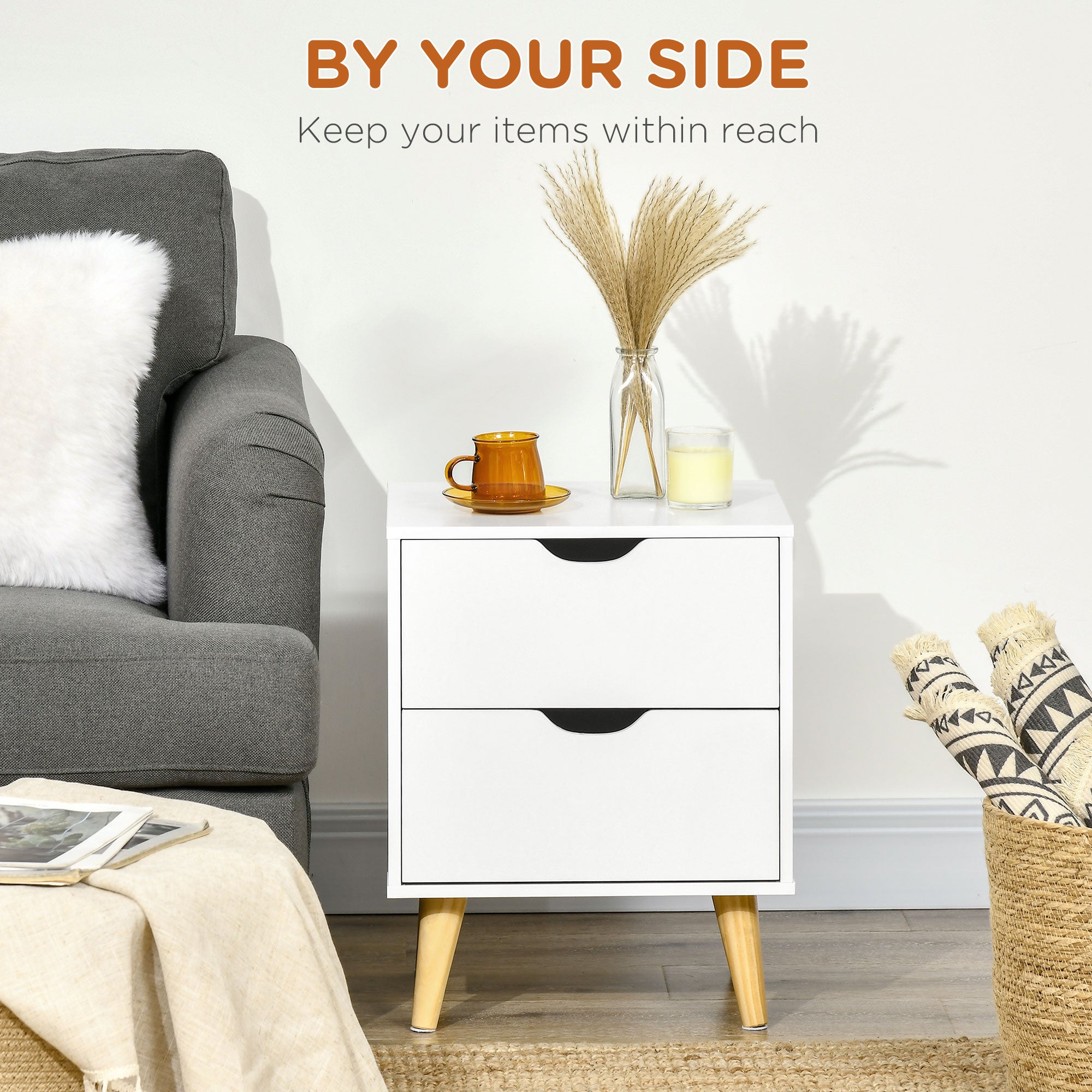 Bedside Table with 2 Drawers and Pine Wood Legs for Bedroom & Living Room - White
