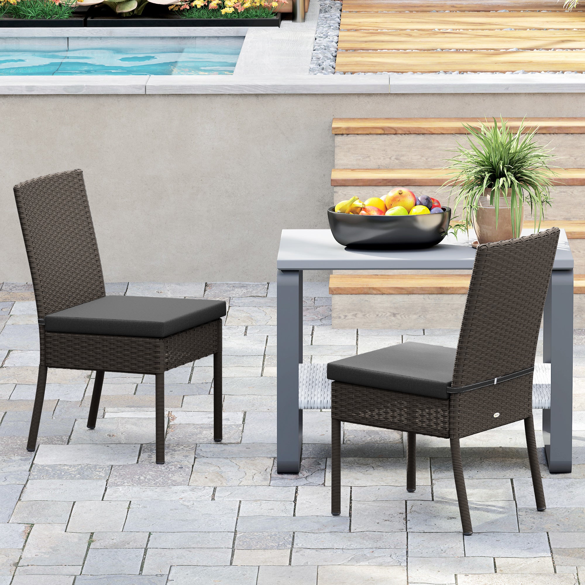 Set of Two Armless Rattan Garden Chairs - Dark Grey