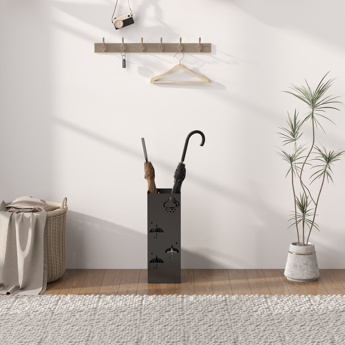 Metal Square Umbrella Stand with 4 Hooks & Removable Drip Tray 15.5x15.5x41 cm - Black