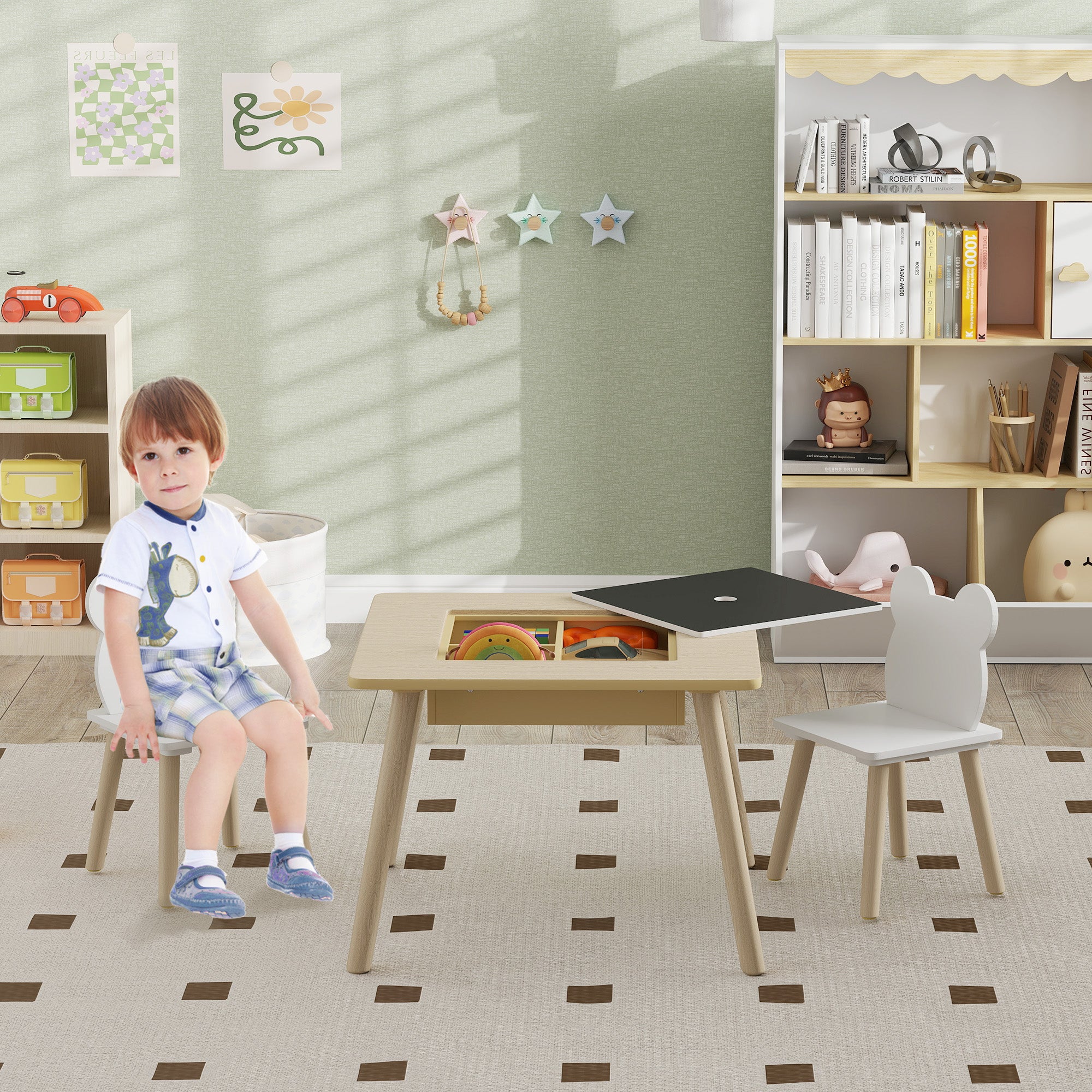 3-Piece Kids Table and Chairs Set with Convertible Desk and Storage Grid, Kids Activity Table for Nursery, Playroom