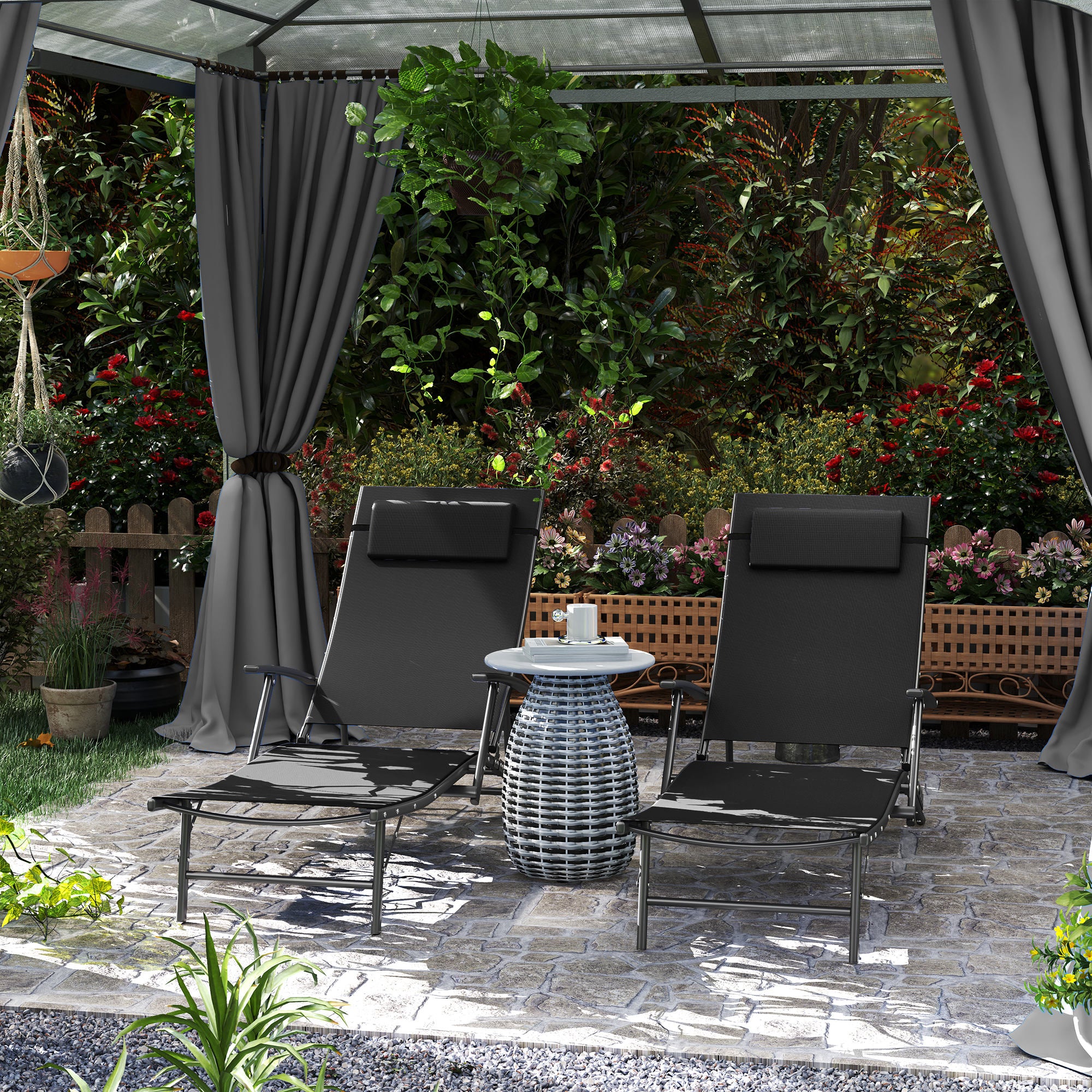 Set of 2 Adjustable Back Sun Loungers with Quick-Dry Mesh - Black