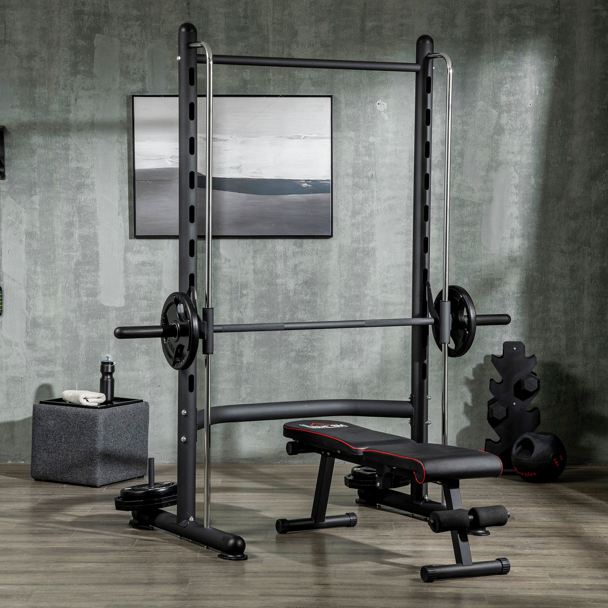 Adjustable Squat Rack, with Pull Up Bar, Barbell Bar for Home Gym