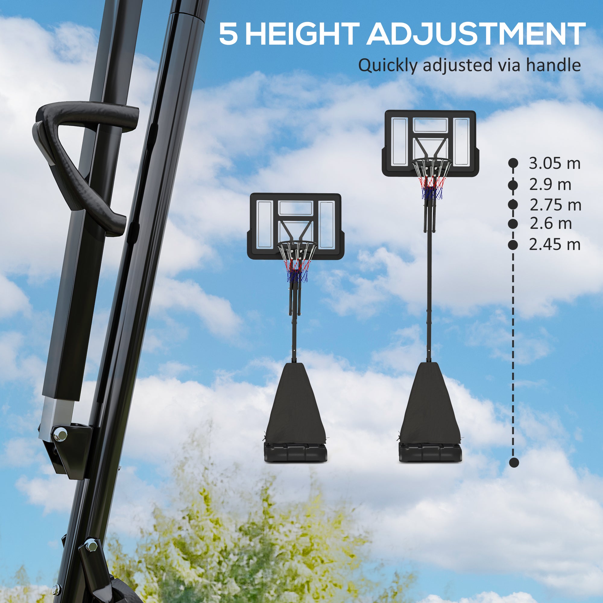 Basketball Hoop Outdoor, Height Adjustable Basketball Hoop and Stand with Rebound System, Weighted Base, Portable on Wheels, 2.45-3.05m, for Teens, Juniors, Adults, Black