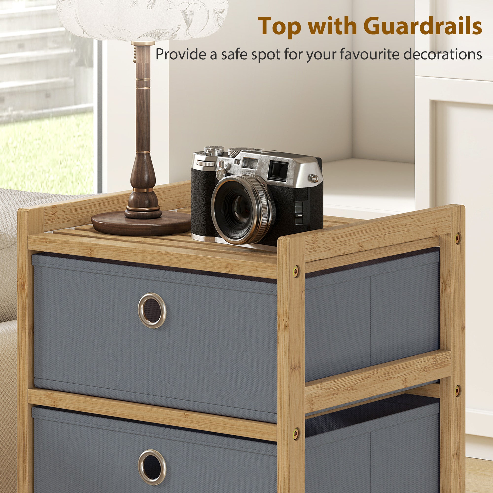 Chest of Drawers, 4 Fabric Drawers Narrow Dresser with Bamboo Frame, Light Grey