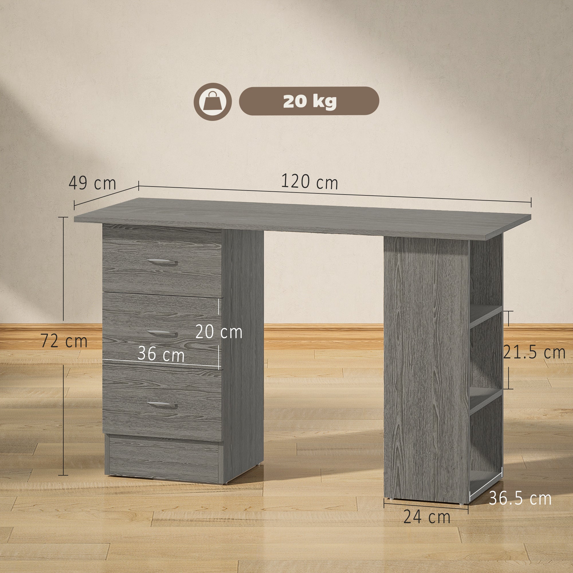 Computer Desk with Drawers, Home Office Desk, Writing Table, PC Workstation with 3 Storage Shelves for Working, Study, 120 x 49 x 72 cm, Grey