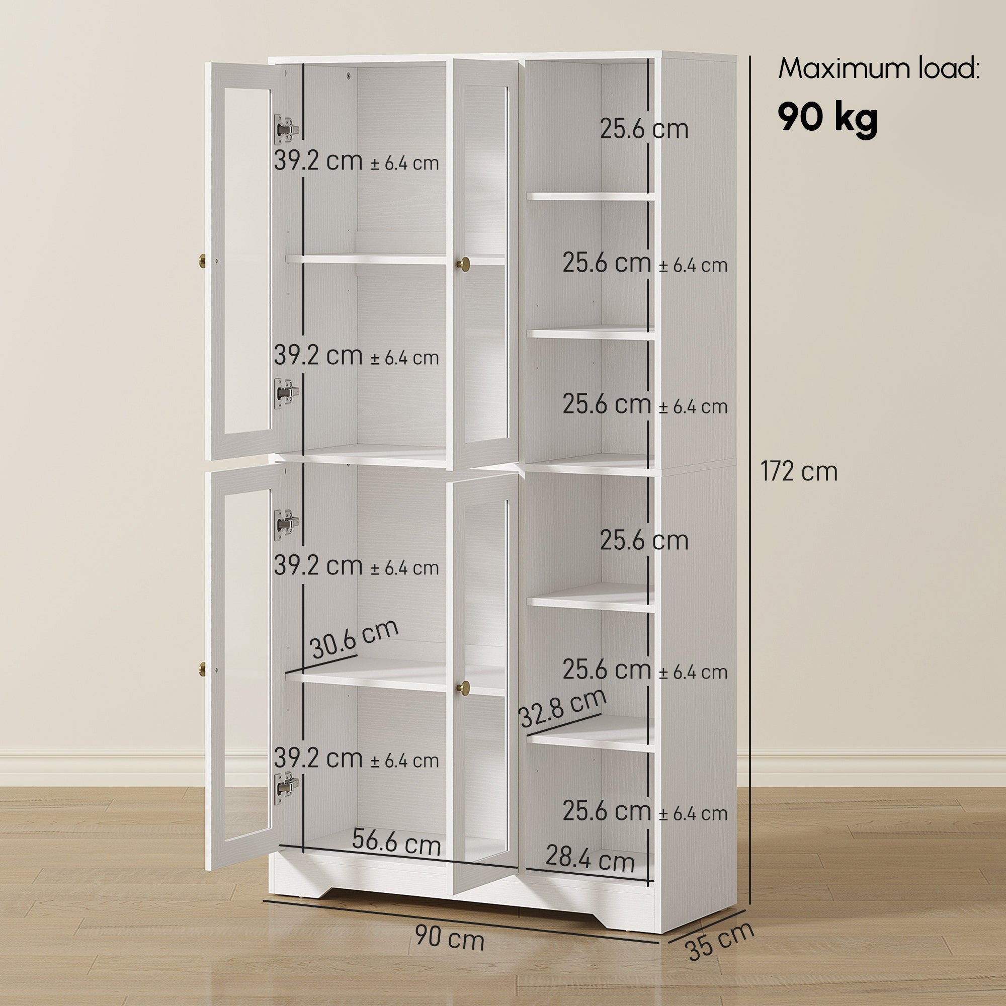 Multi-Storage Kitchen Cabinet, with Glass Doors - White Wood-Effect