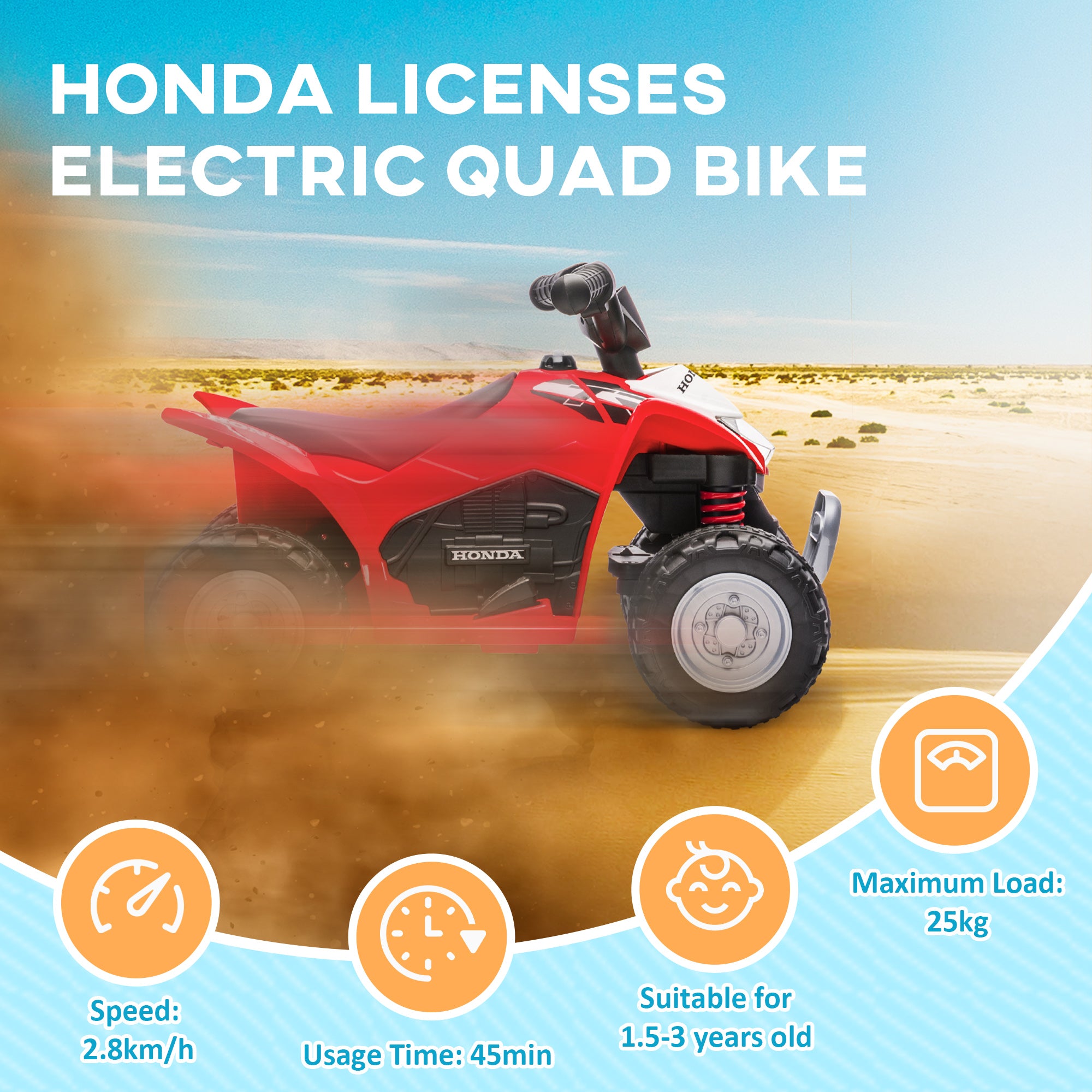 Honda Licensed Kids Electric Quad Bike, 6V ATV Ride On for Ages 1.5-3 Years, Red