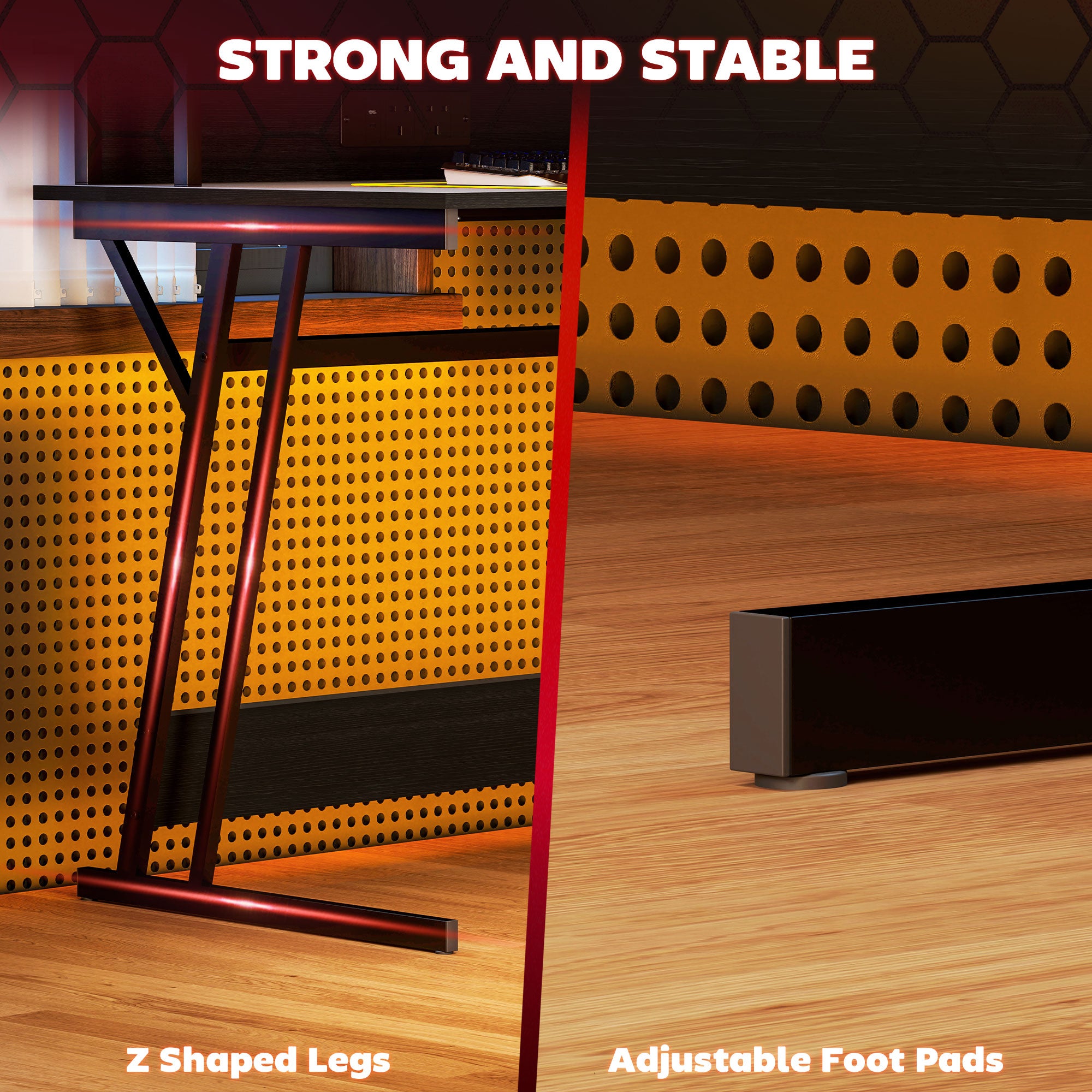 Gaming Desk with LED Lights and Power Outlets, 100 x 60cm Z Shaped Computer Desk with Monitor Stand and Steel Frame, PC Gaming Table for Home Office, Black