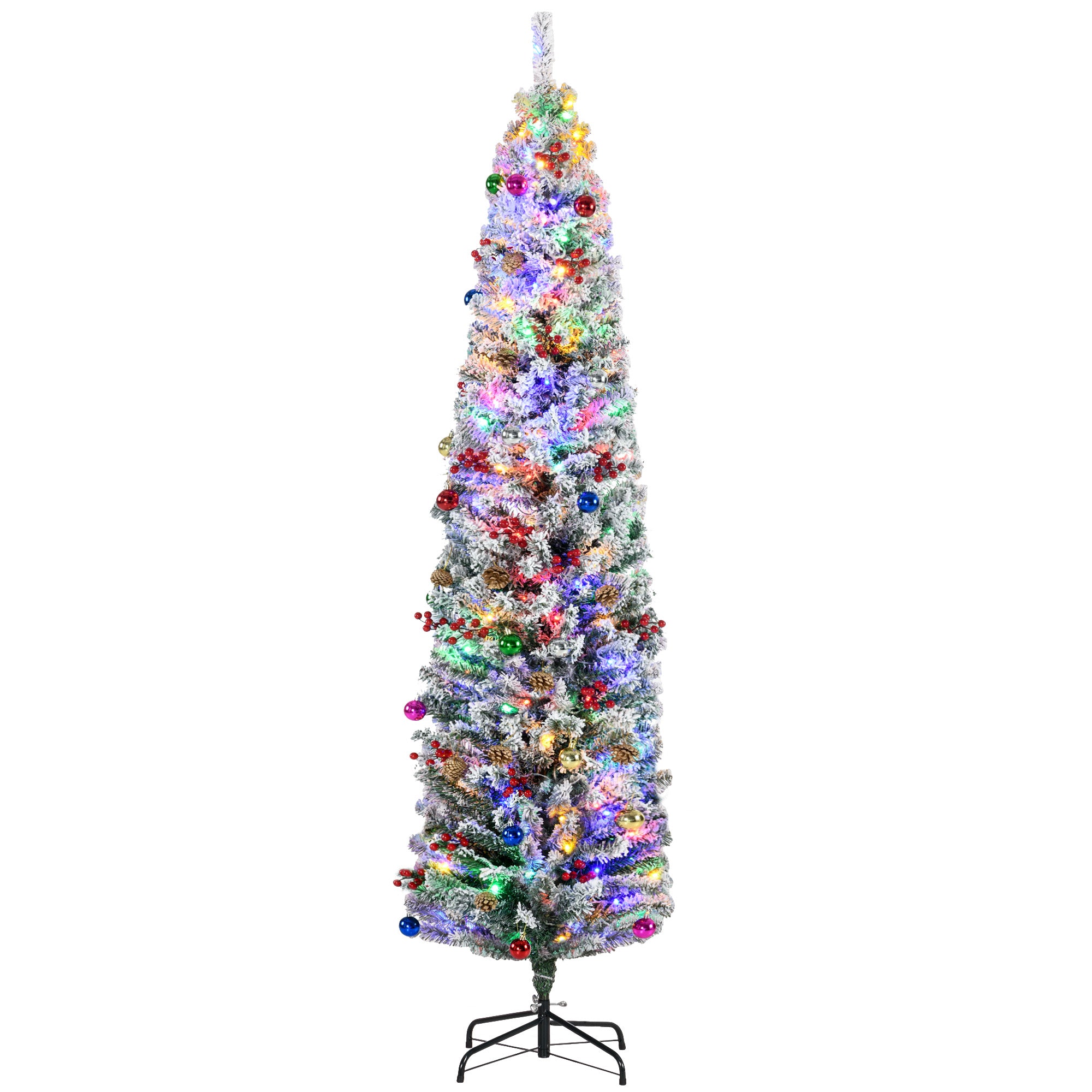 7' Artificial Prelit Christmas Trees Holiday Décor with Colourful LED Lights, Flocked Tips, Berry, Pine Cone