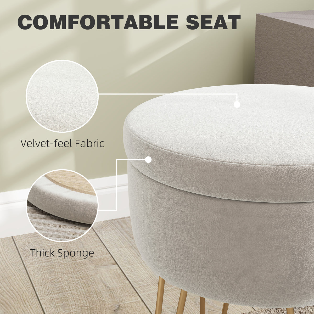 5L Velvet-Feel Storage Ottoman with Gold Legs - Cream White