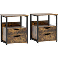 Industrial Side Table Set of 2 with Drawer and Storage Shelf, Slim Nightstand for Living Room & Bedroom - Rustic Brown