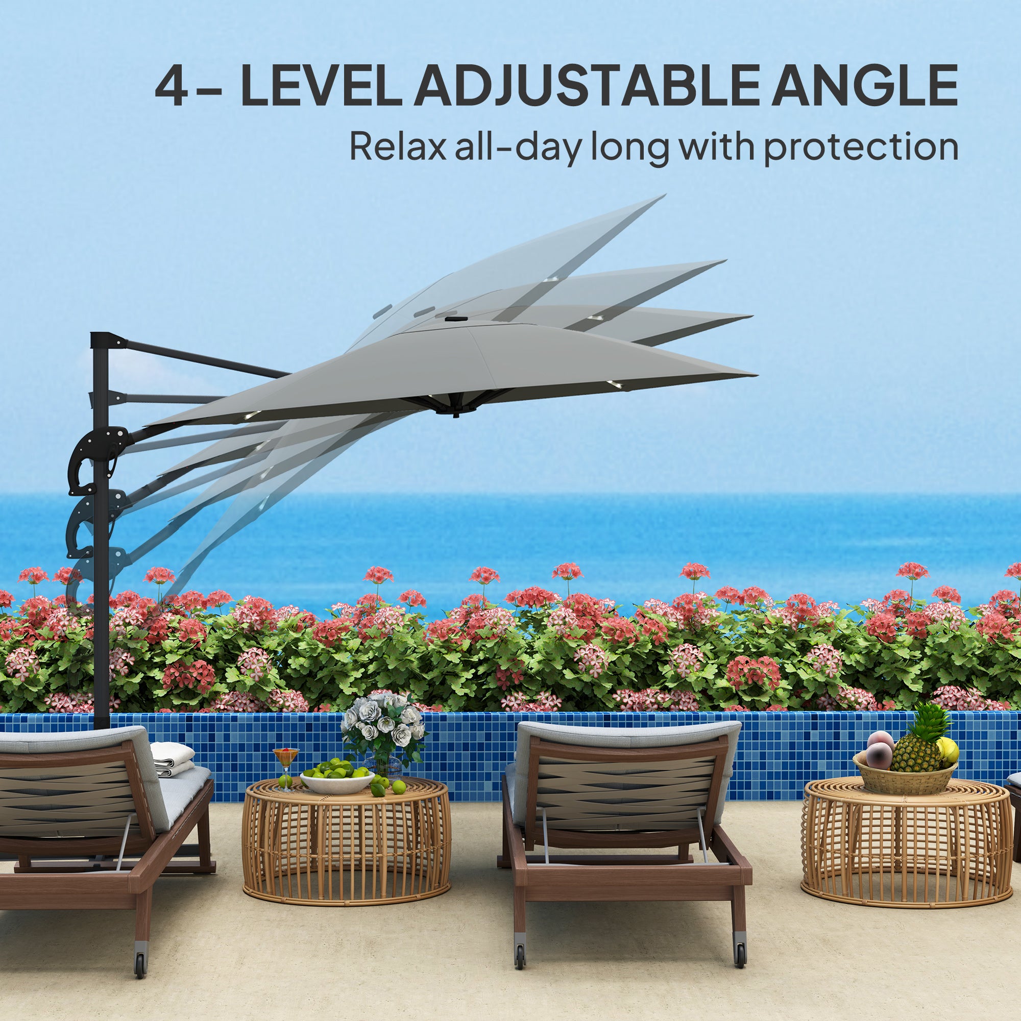 3 Metre Cantilever Garden Parasol with Solar Lights and Crank Handle - Dark Grey