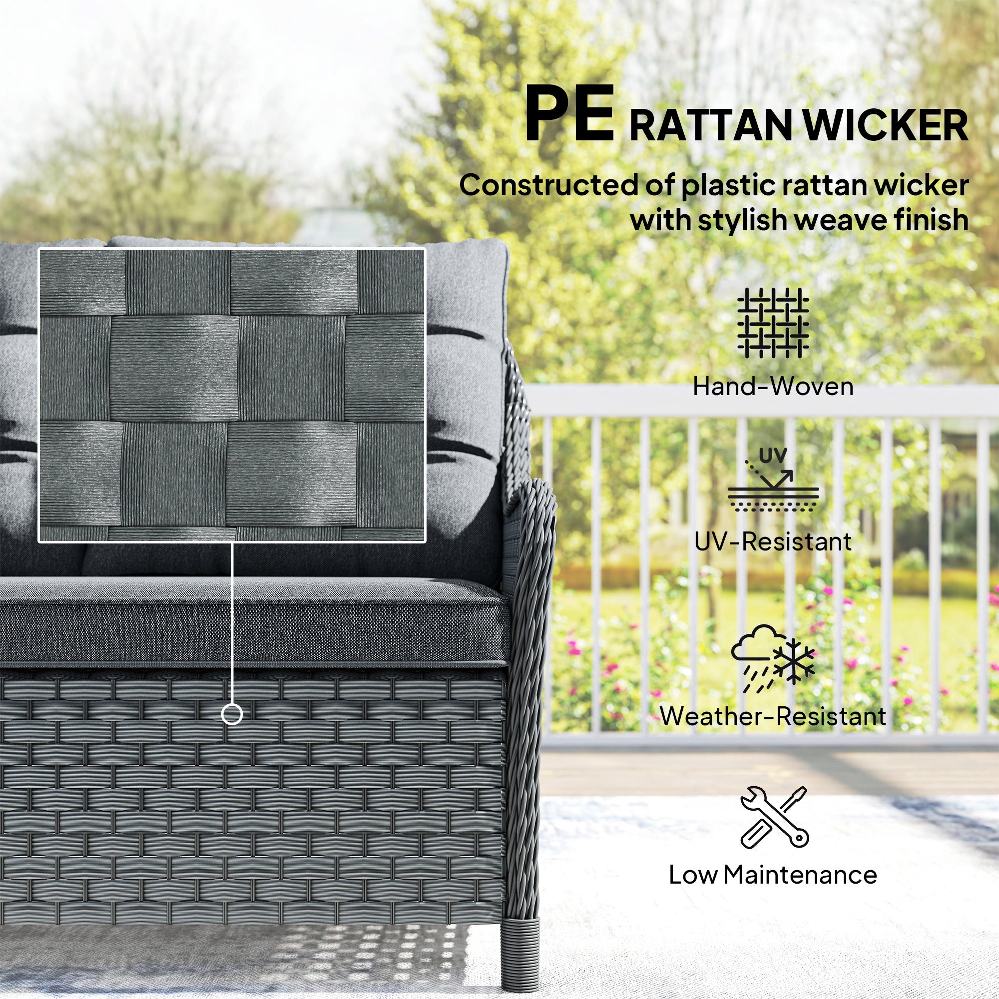 4-Piece Wicker Patio Furniture Set with 2 Armchairs, Loveseat, Glass Coffee Table, Conversation Sofa Set, Dark Grey