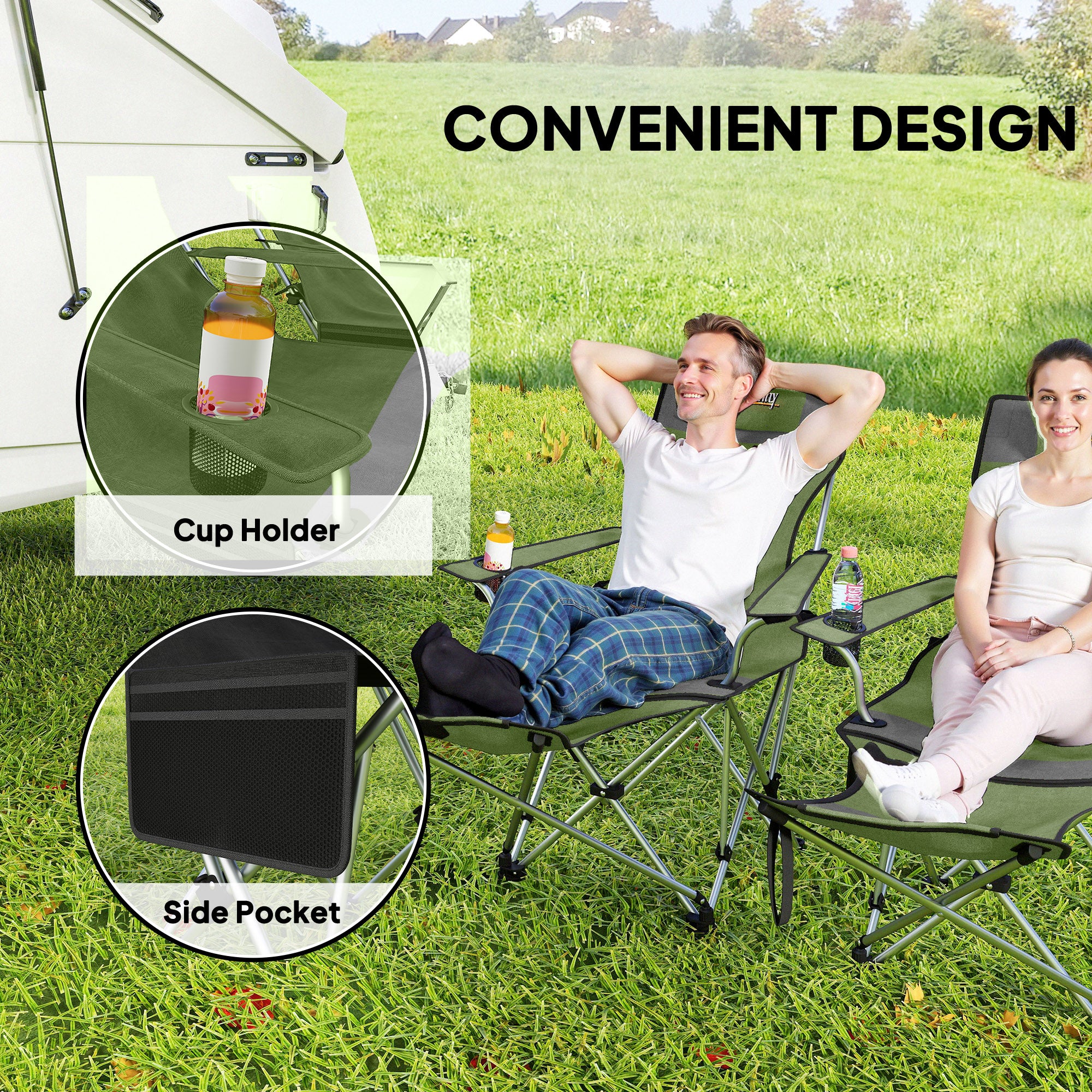 Set of 2 Reclining Folding Camping Chair w/ Detachable Footrest, Storage Bag, Cup Holder & Headrest, Lightweight Portable Camp Chair for Beach, Picnic, Olive Green and Grey