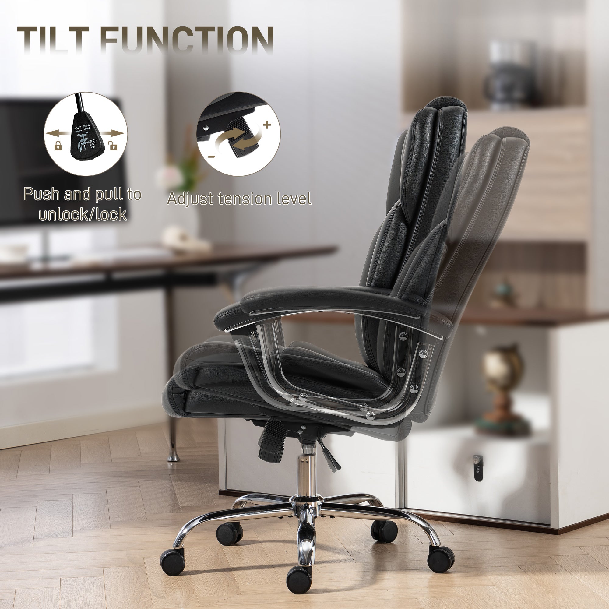 Big and Tall Office Chair 180kg with Spring Cushion, PU Leather - Black