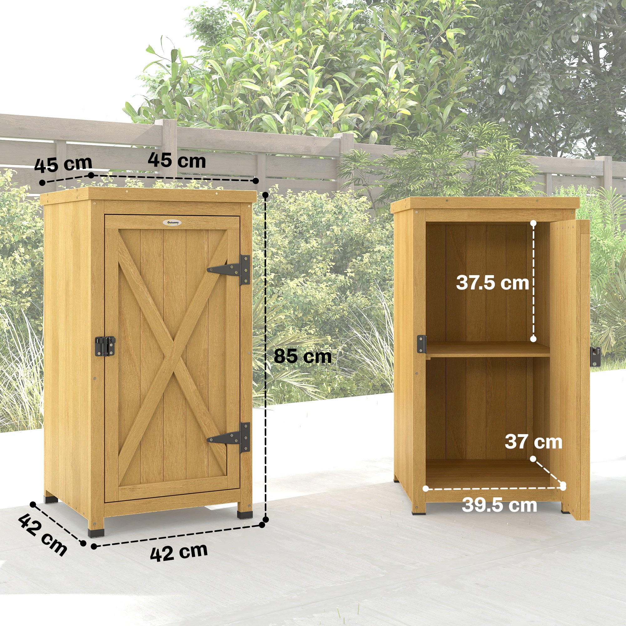 Wooden Garden Shed, Garden Tool Storage Shed with Metal Top and Shelf, Light Brown