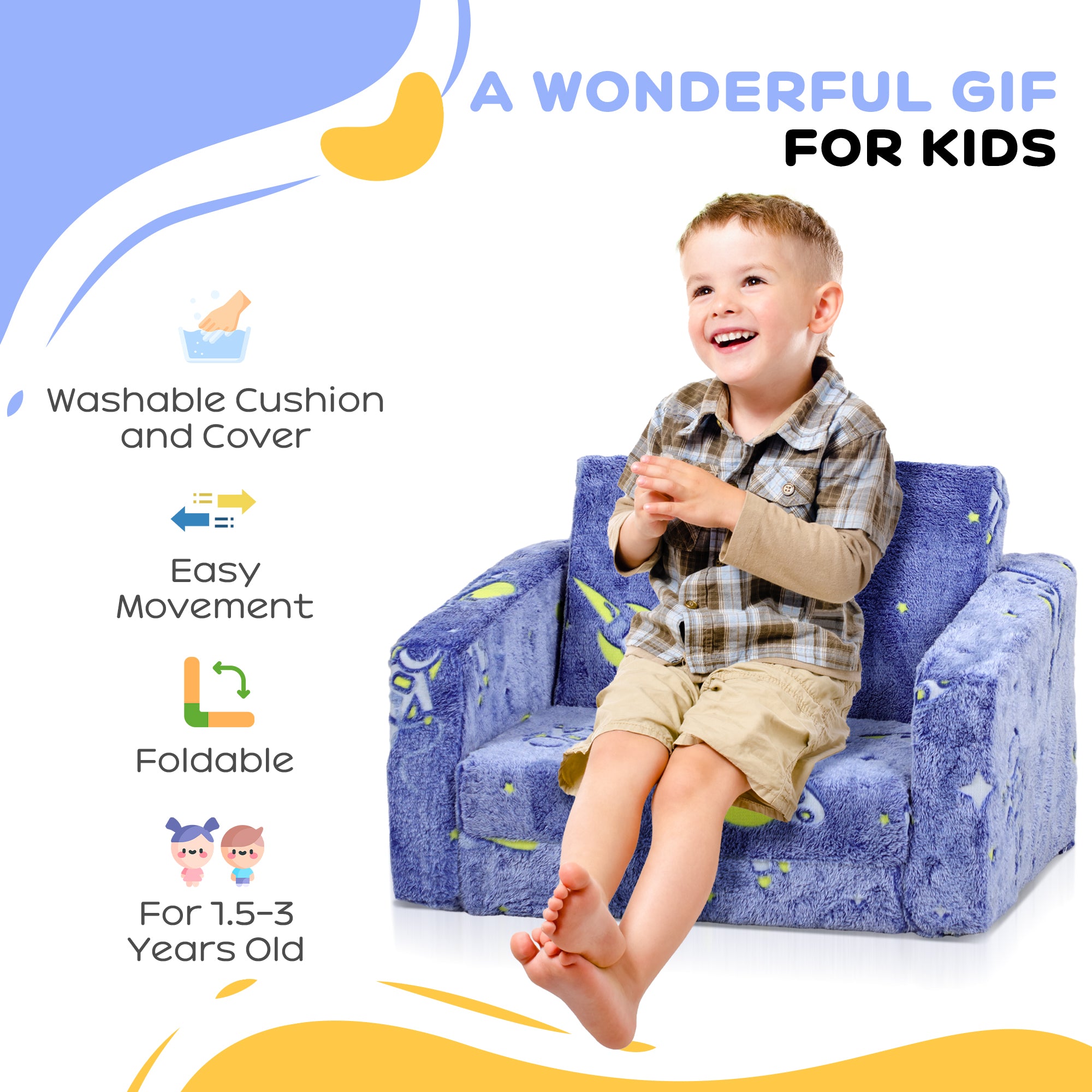 2 in 1 Kids Kids Folding Bed Armchair with Glow in The Dark Cosmic Design, Washable Cushion and Cover, Blue