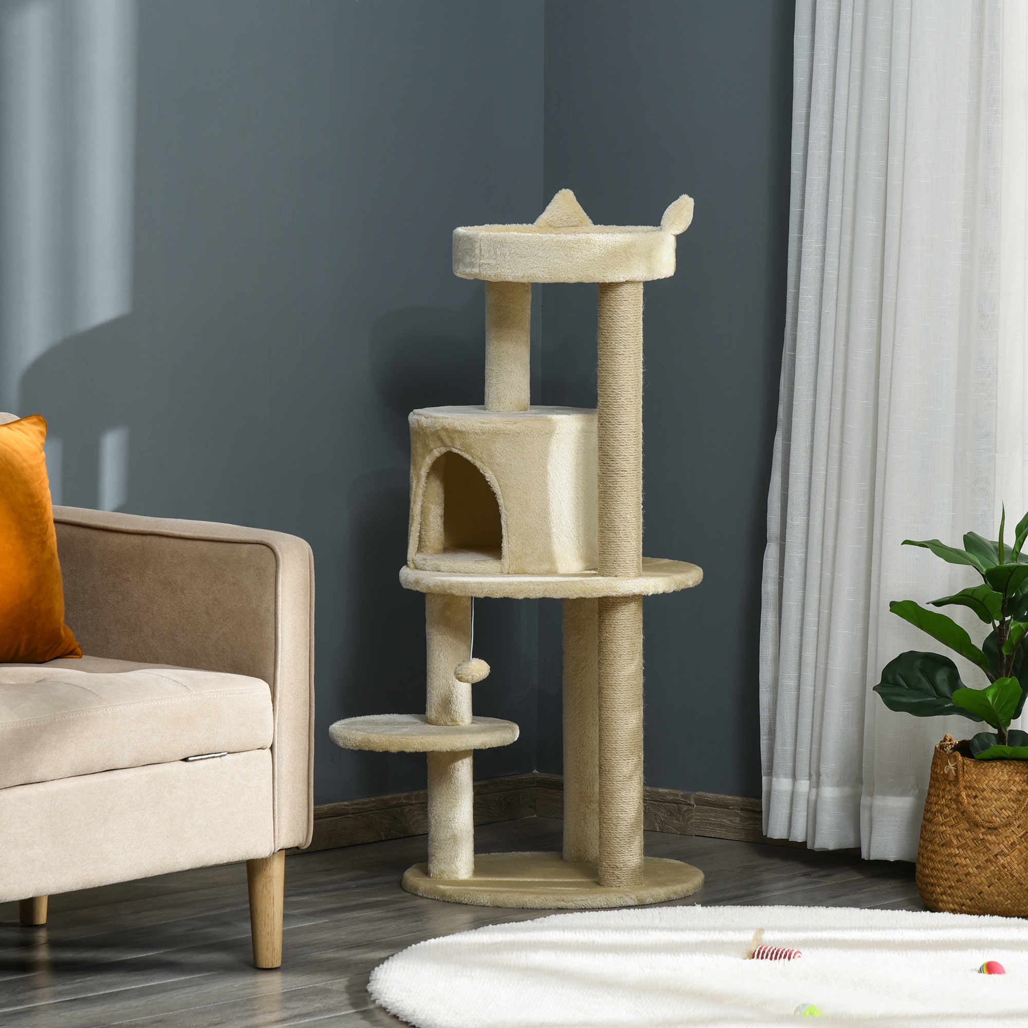 104 cm Cat Tree, Cat Condo Tree Tower, Cat Activity Centre with Scratching Posts, Plush Perch, Hanging Ball - Cream White