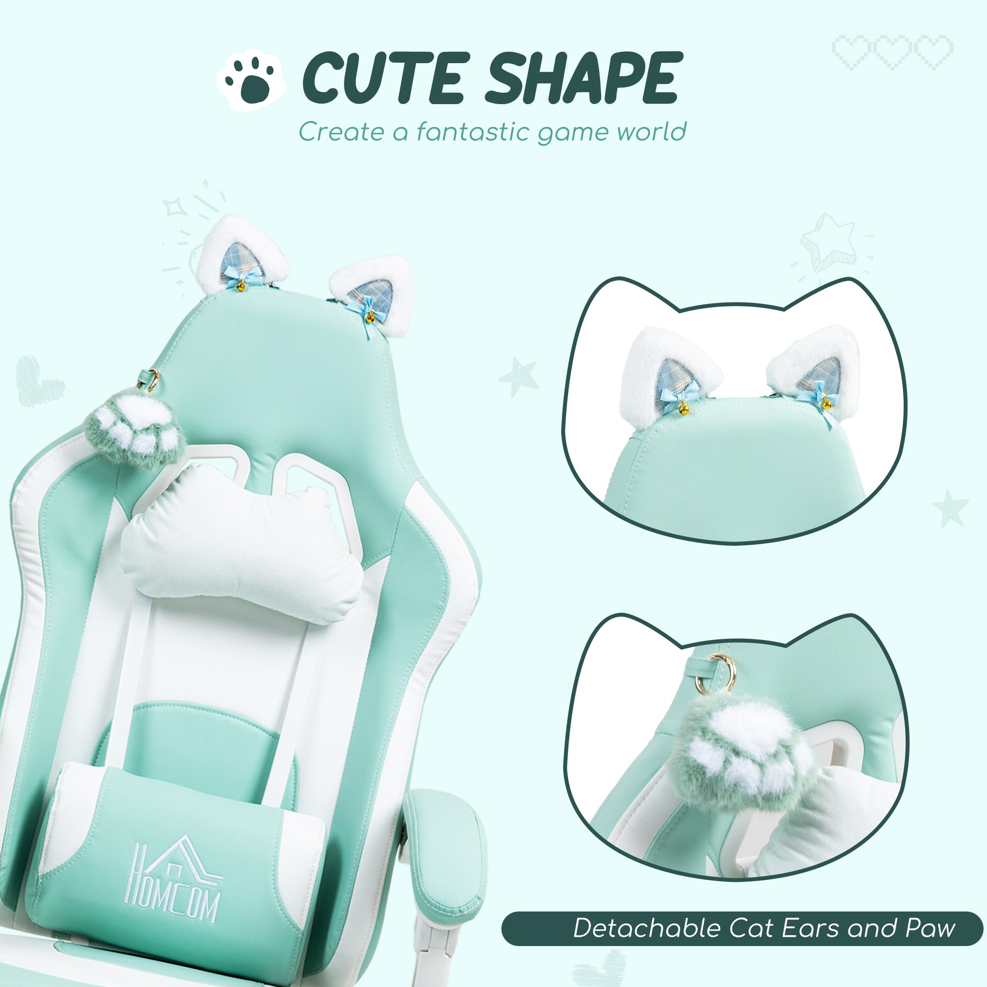 Cat Ear and Paw Reclining Office Chair, with Footrest - Light Blue/White
