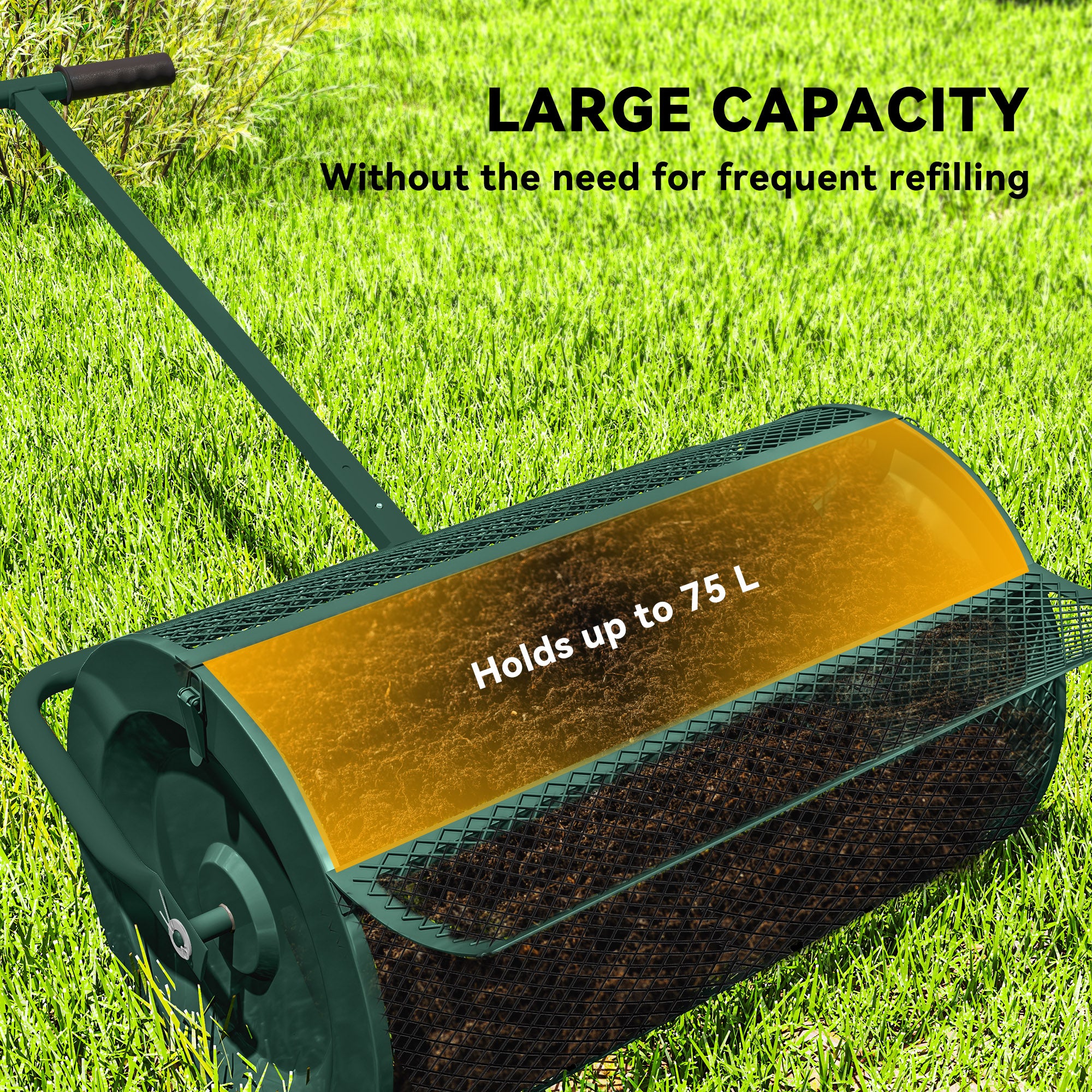 Compost Spreader, 24" Peat Moss Spreader with Height Adjustable T Shaped Handle and Metal Mesh Basket, Garden Spreader for Seeding, Spreading Manure, Green