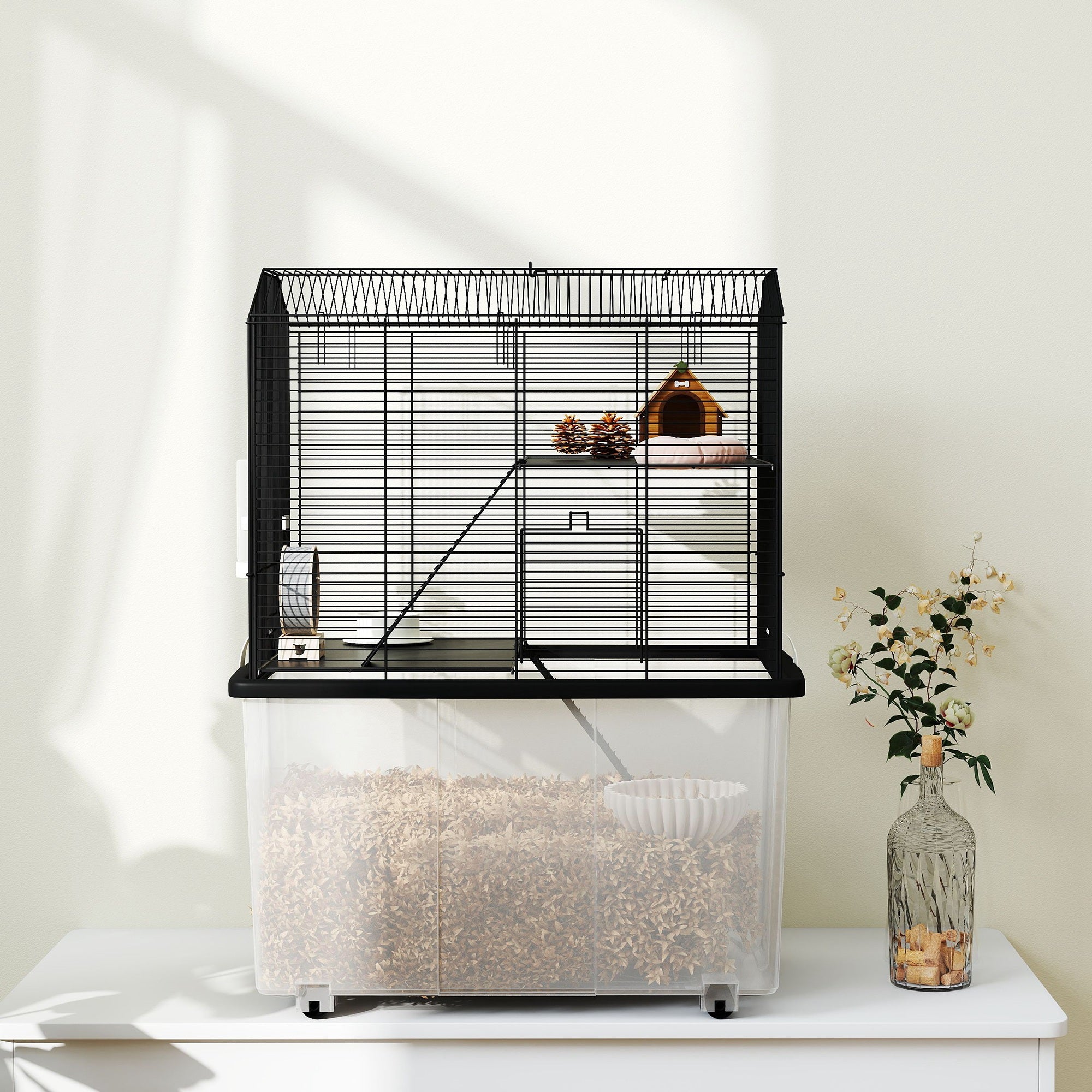 Three-Tier Gerbil and Hamster Cage with Food Dish, Water Bottle & Wheels - Black