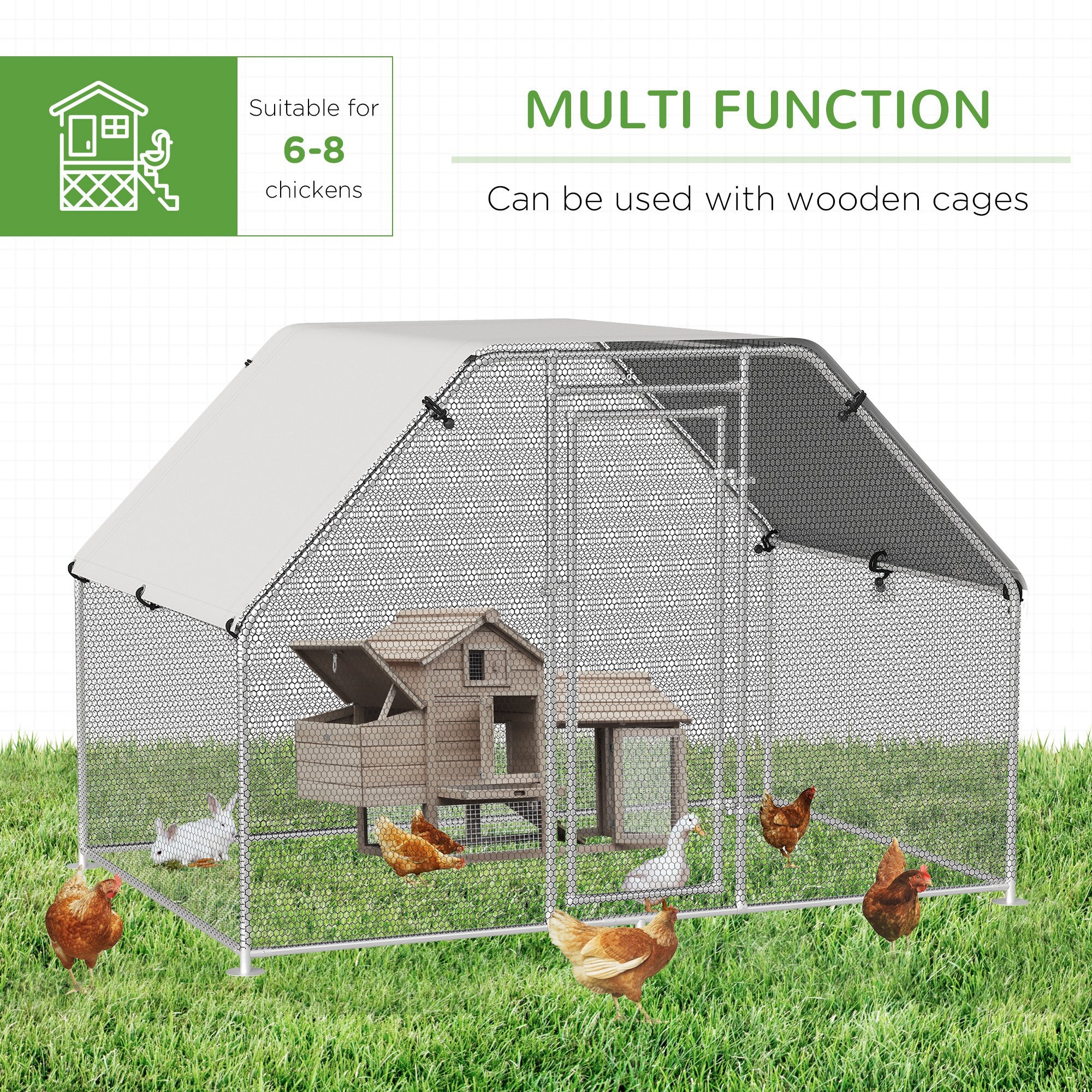 Walk-In Chicken Coop Run Cage Large Metal Chicken House w/ Cover Outdoor, 280W x 190D x 195H cm