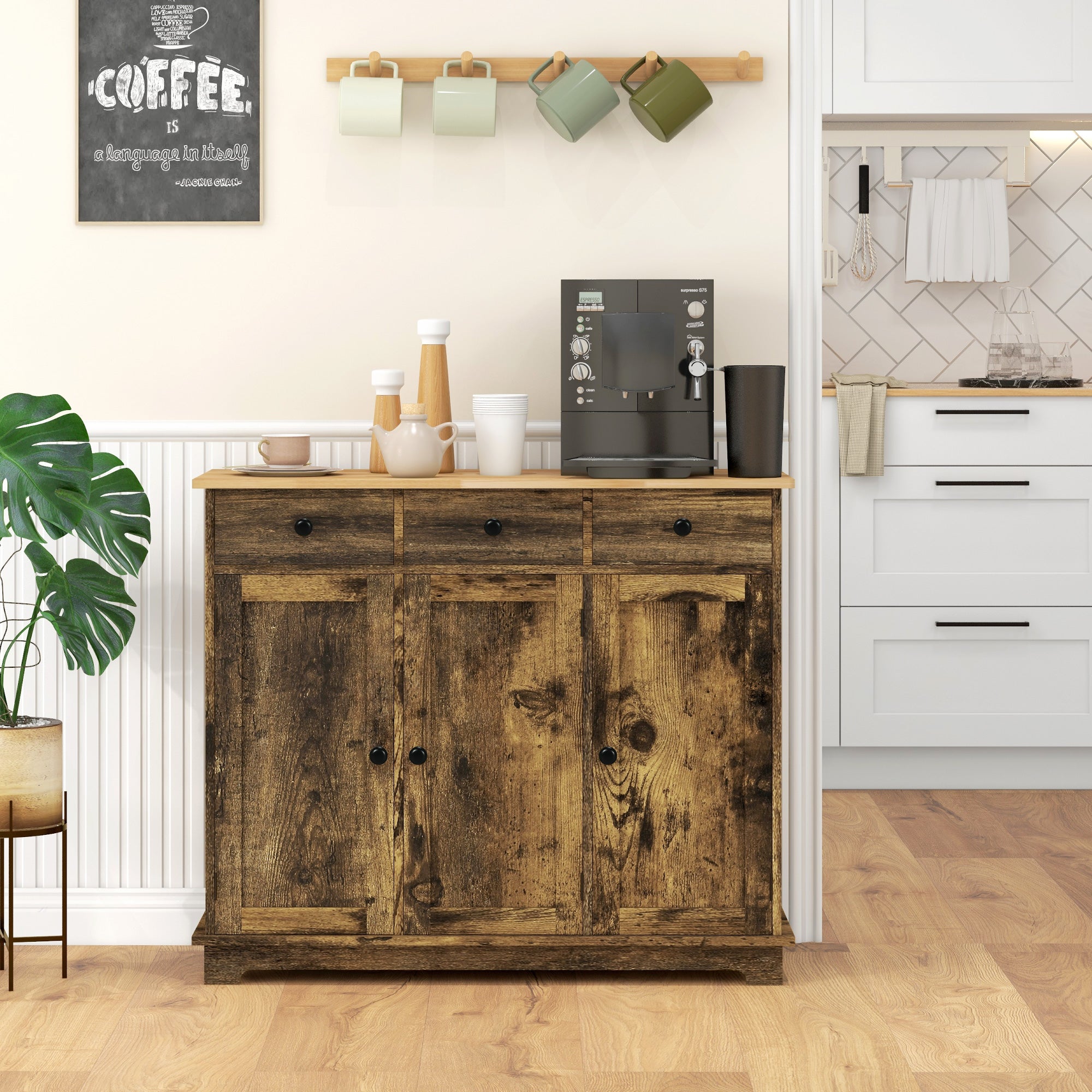 Sideboard with Rubberwood Top and Adjustable Shelves for Dining Room, Kitchen - Rustic Brown