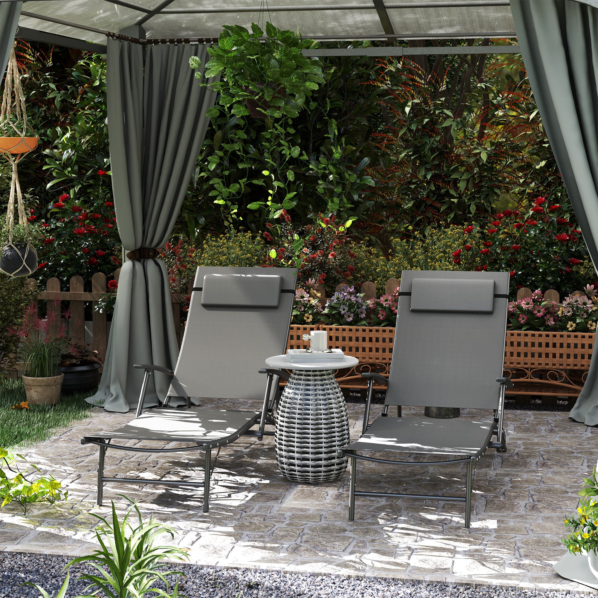 Set of 2 Adjustable Back Sun Loungers with Quick-Dry Mesh - Grey