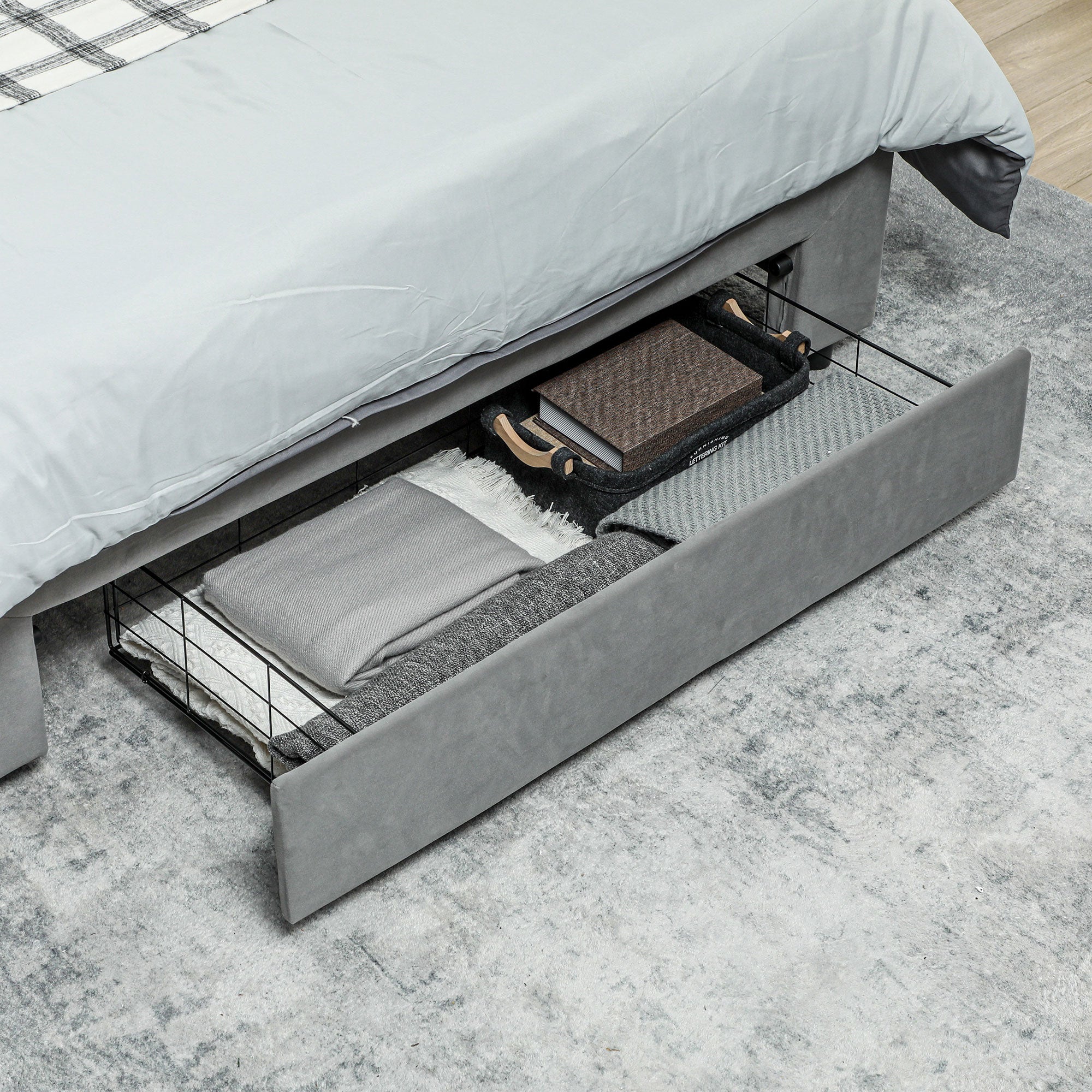 Double Size Ottoman Bed Frame, with Front Drawer - Grey