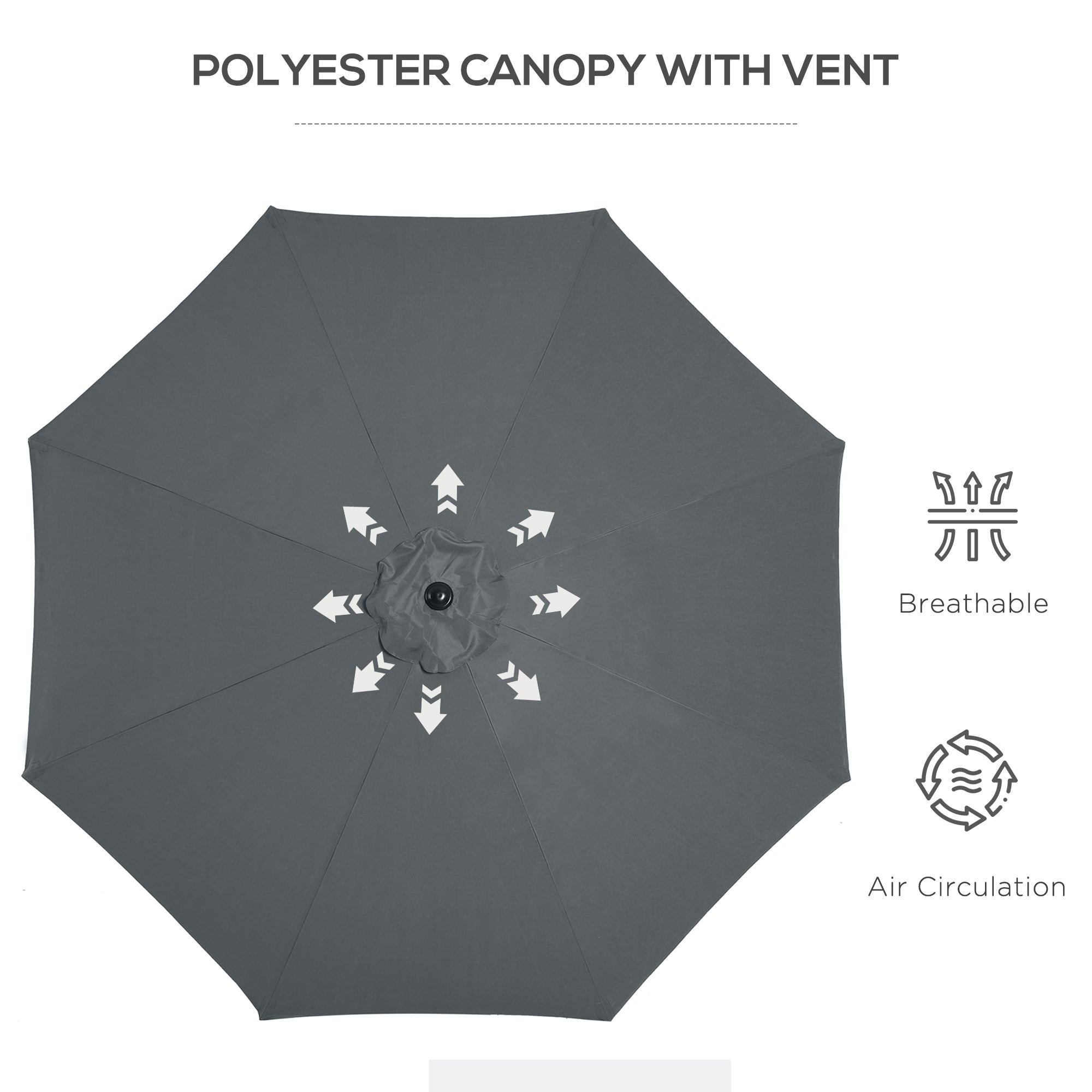 3m Tilting Garden Parasol with 8 Ribs, Crank Handle & Sun Shade for Balcony, Bench - Dark Grey