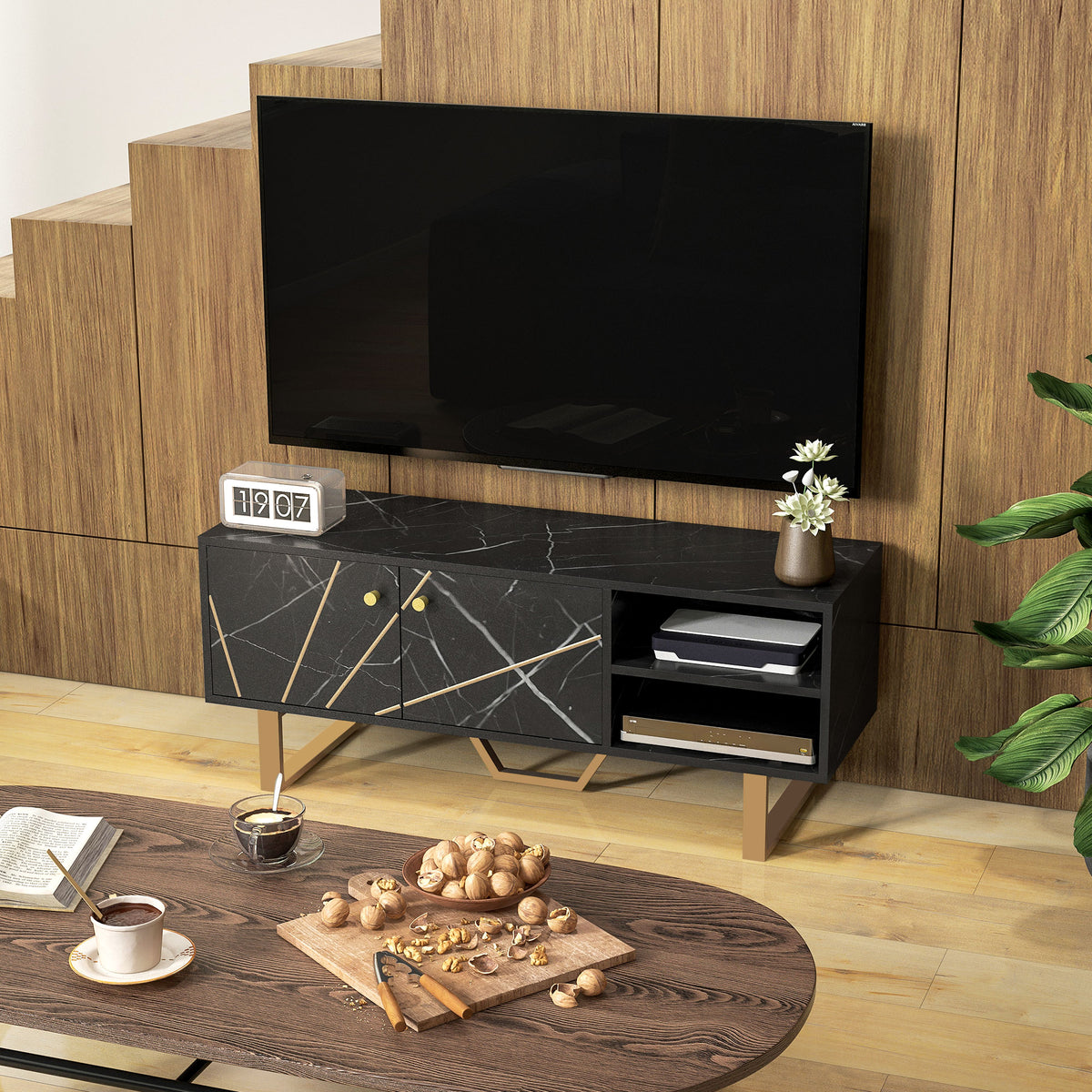 TV Stand Cabinet for TVs up to 50 Inches with Storage Shelves and Cupboard - Black Marble Tone