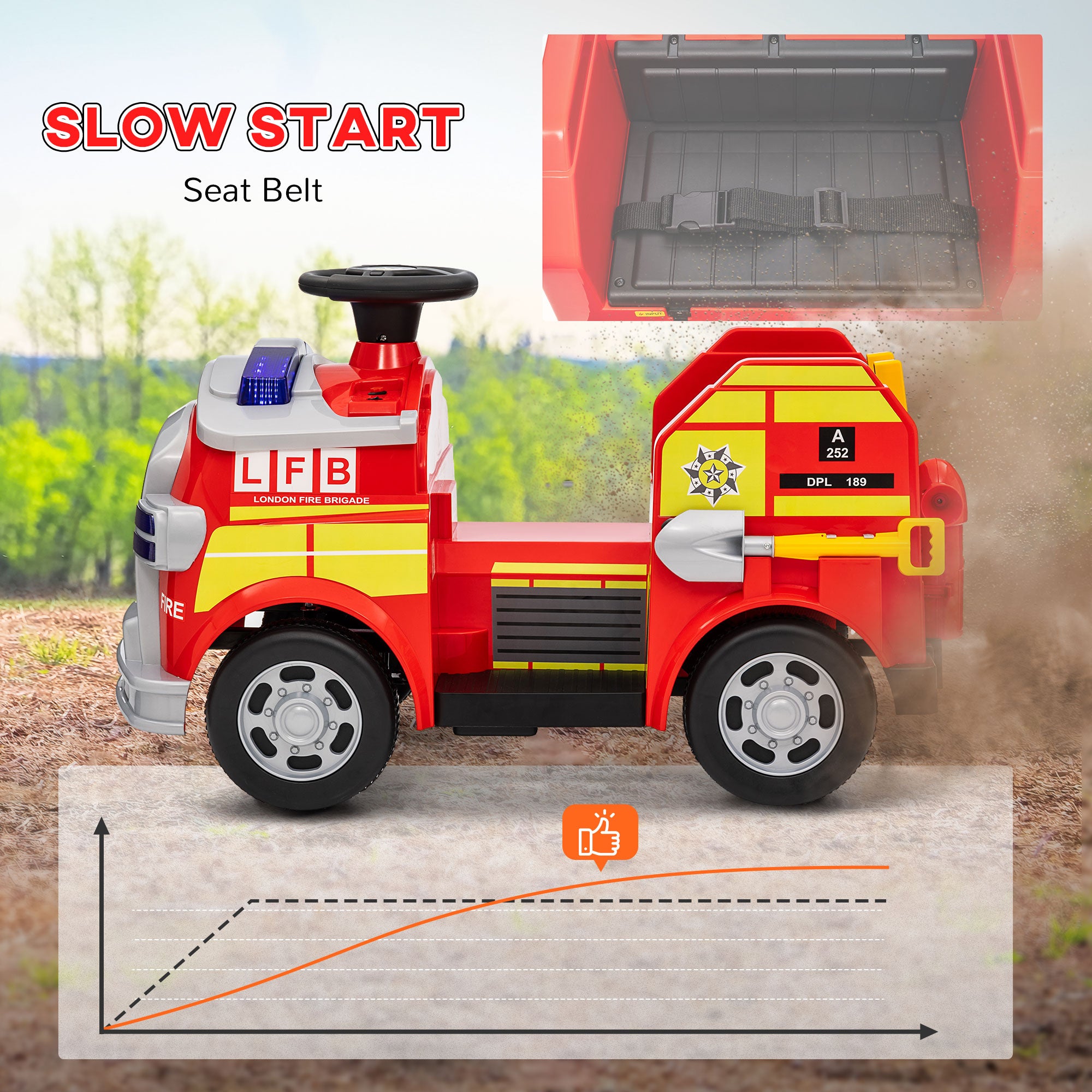 Ride on Fire Truck, 12V Kids Electric Car with Siren and Flashing Lights, Firefighting Tools, Music Horn, Slow Start