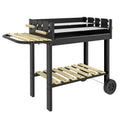 Charcoal BBQ Grill, Barbecue Trolley with Double Adjustable Grill, Side Table, Storage Shelf and Wheels for Outdoor Garden Party Cooking, Black