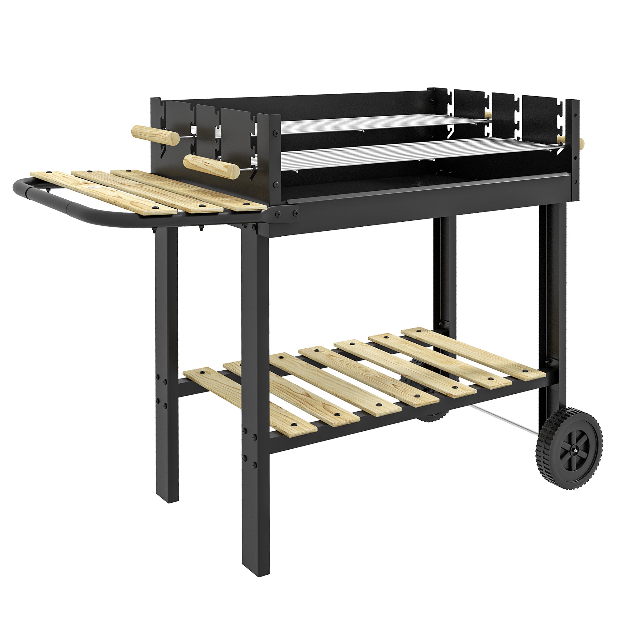 Charcoal BBQ Grill, Barbecue Trolley with Double Adjustable Grill, Side Table, Storage Shelf and Wheels for Outdoor Garden Party Cooking, Black