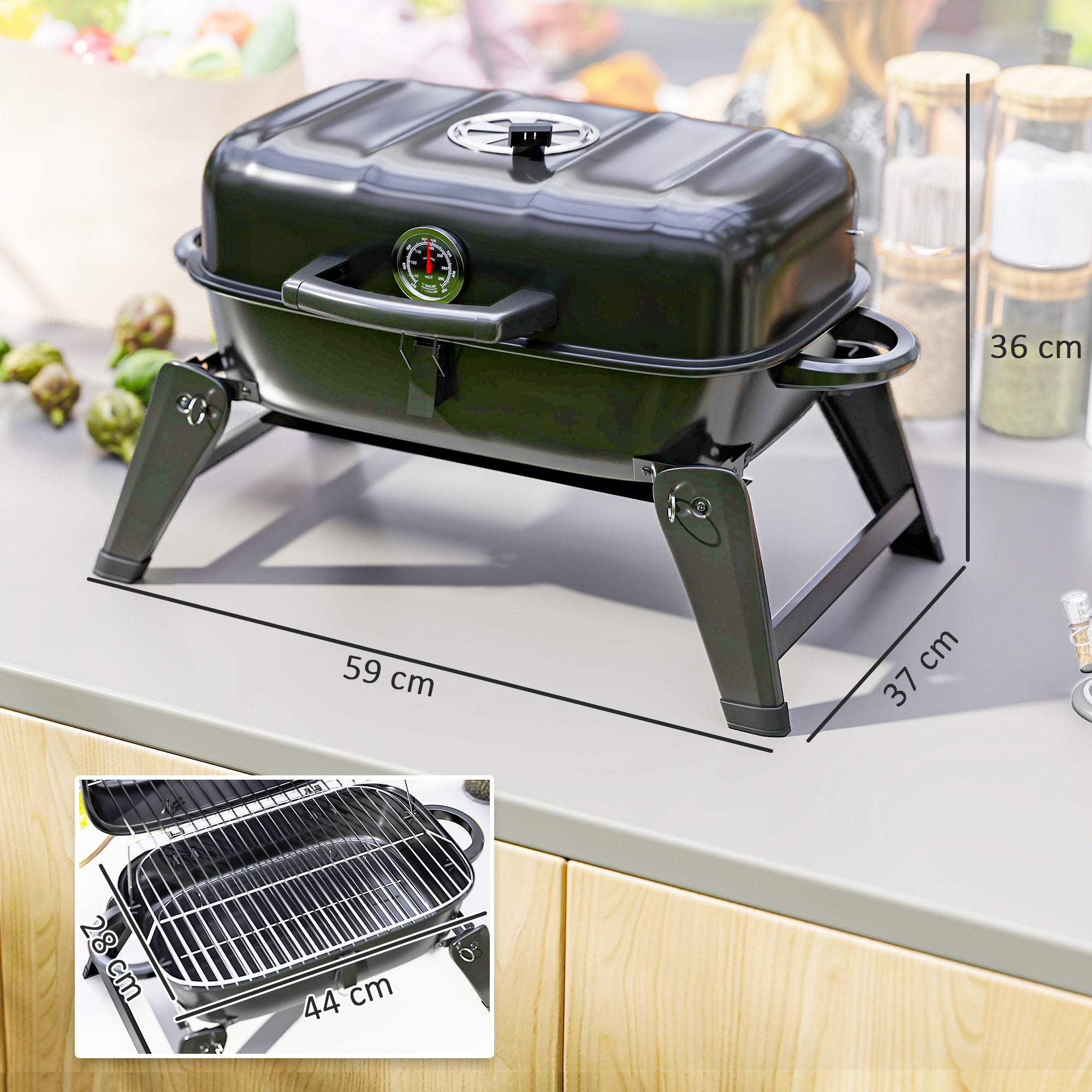 Charcoal Barbecue Grill Folding Portable BBQ Grill for Camping with 1232 cm² Cooking Area, Adjustable Vent, Thermometer, Handles for Picnic, 59 x 37 x 36 cm, Black