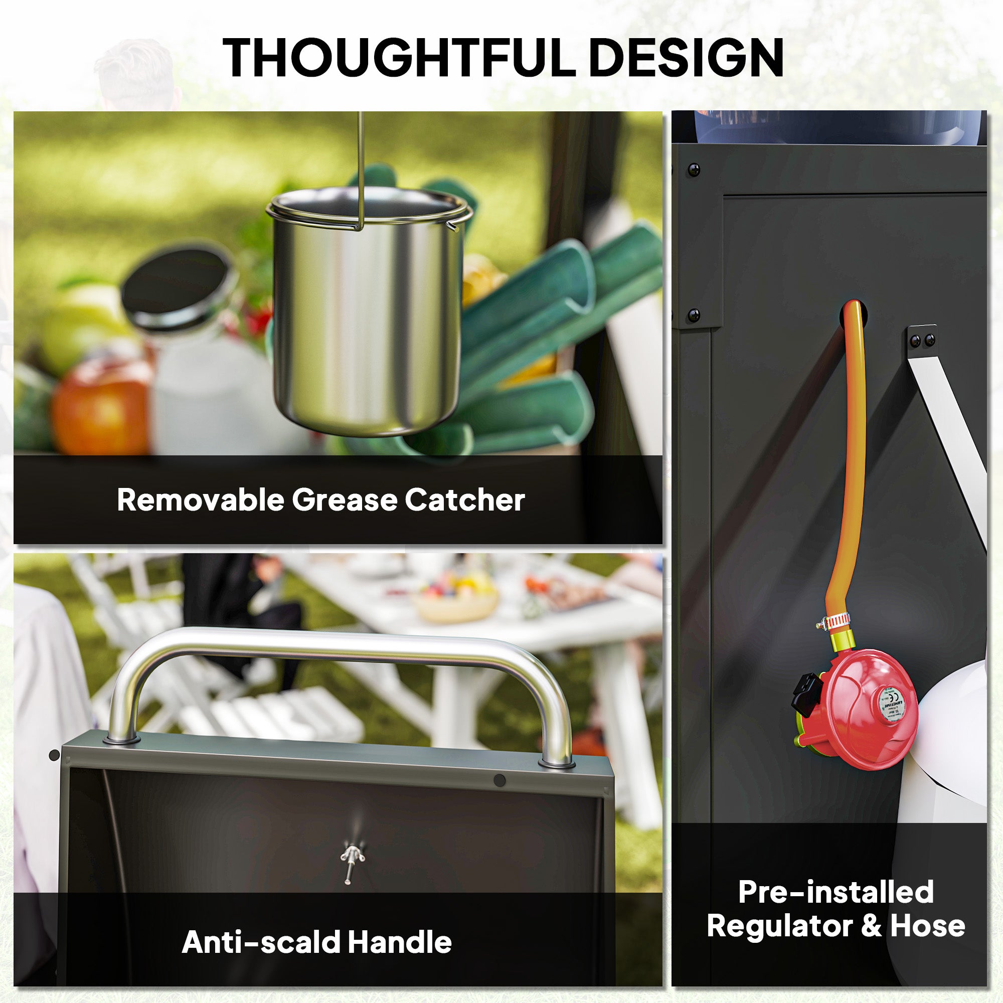 3 Burner Gas BBQ Grill with Storage Cabinet and Side Burner - Black