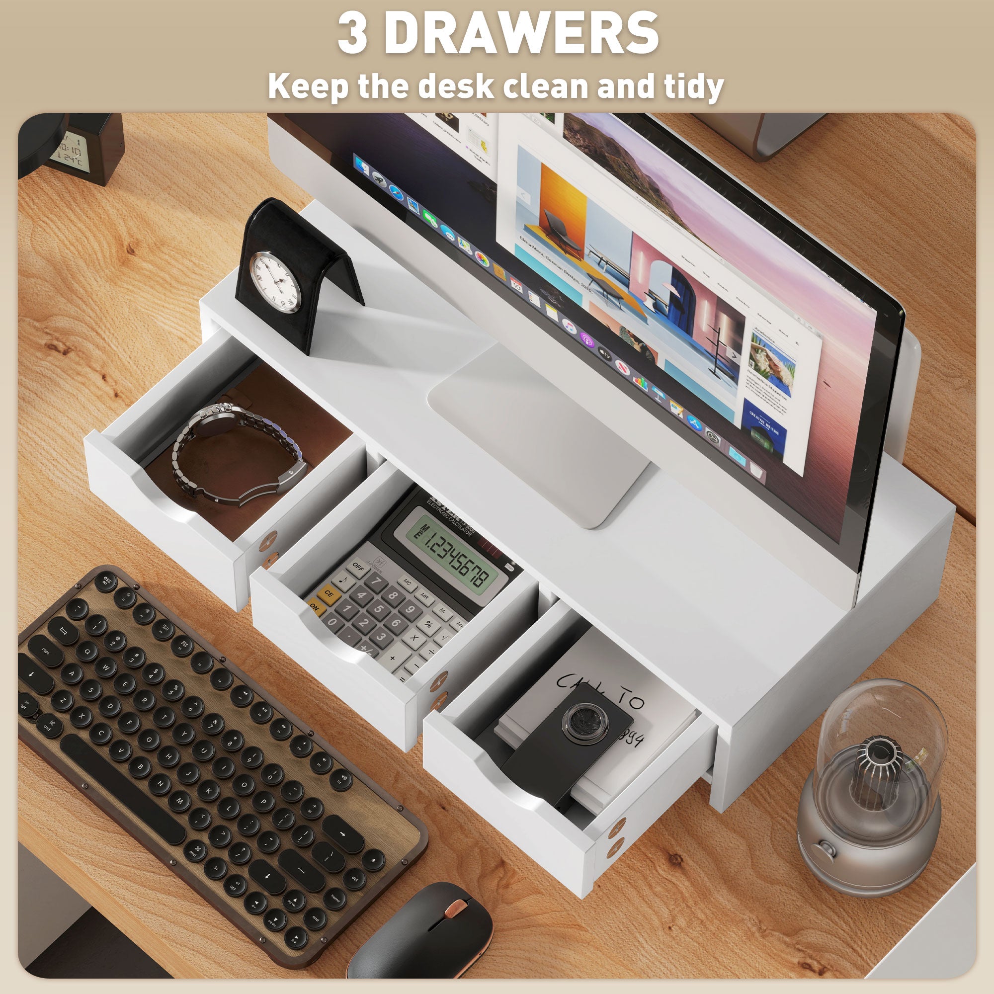Monitor Stand Riser with 3 Drawers for Laptop, PC, Small Printer 51x24x13cm - White