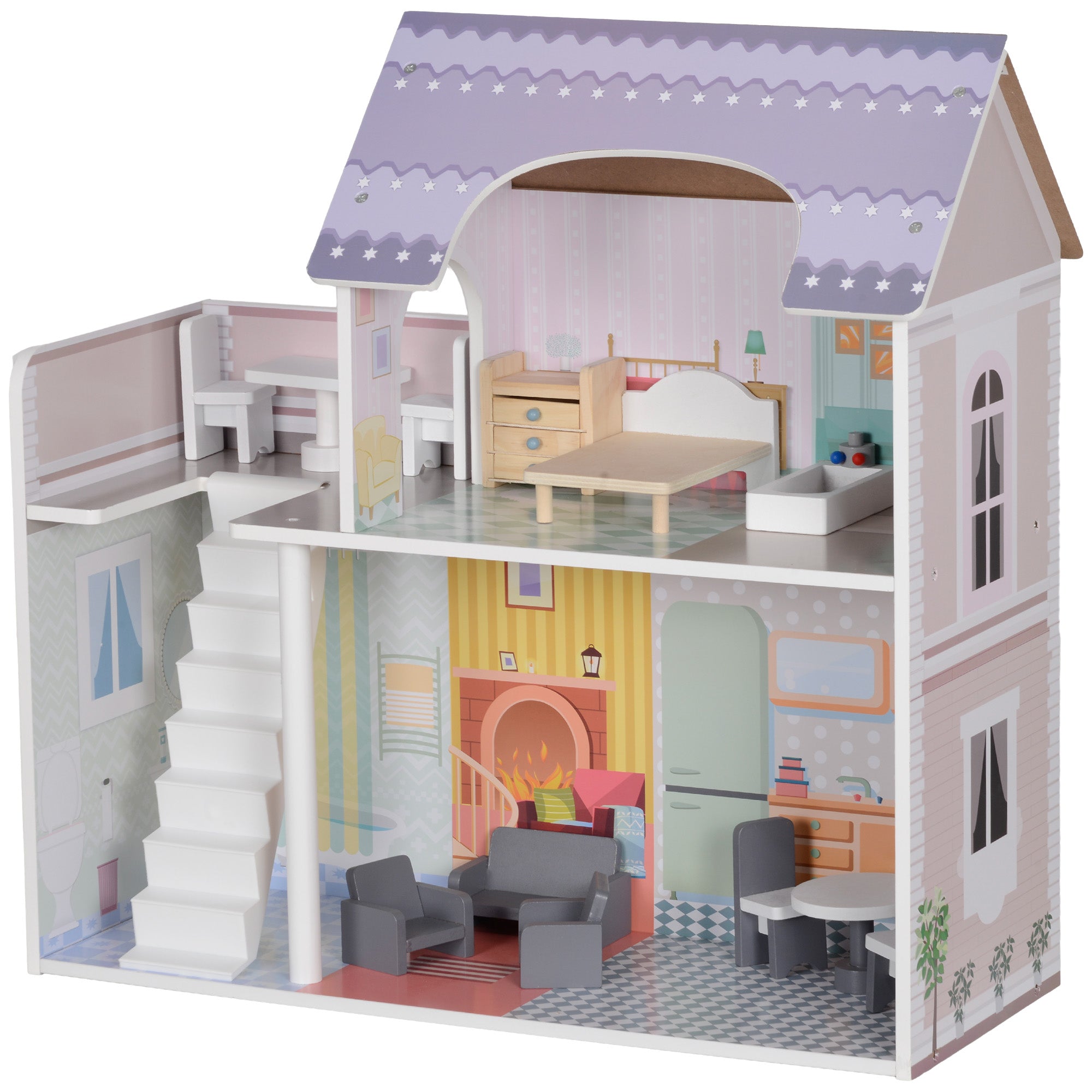 2 Storey Dolls House with 13 Pieces Furniture, Play Set with Balcony, Gift for 3-6 Years Old