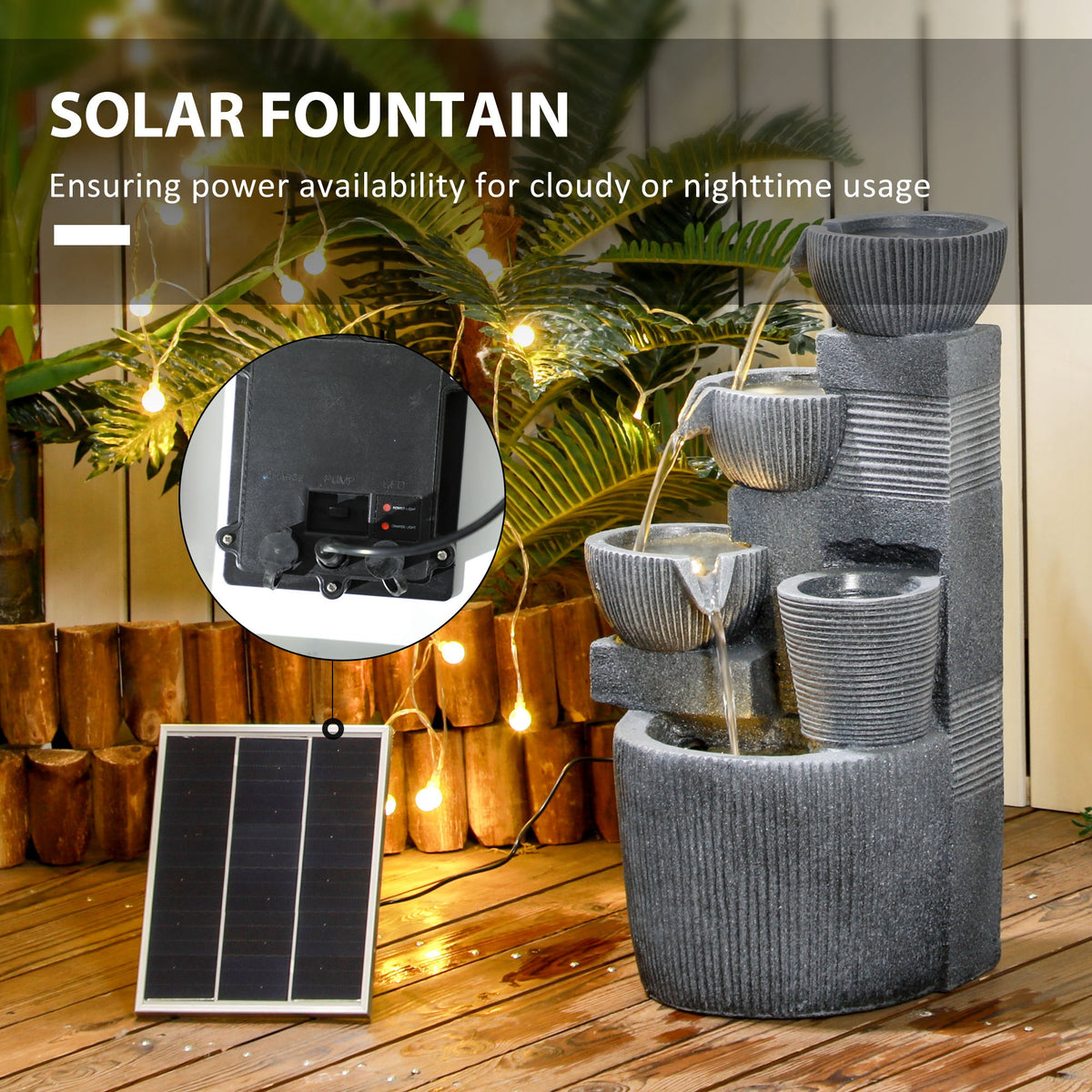 Solar Powered Four-Tier Outdoor Water Fountain with LED Lighting - Dark Grey