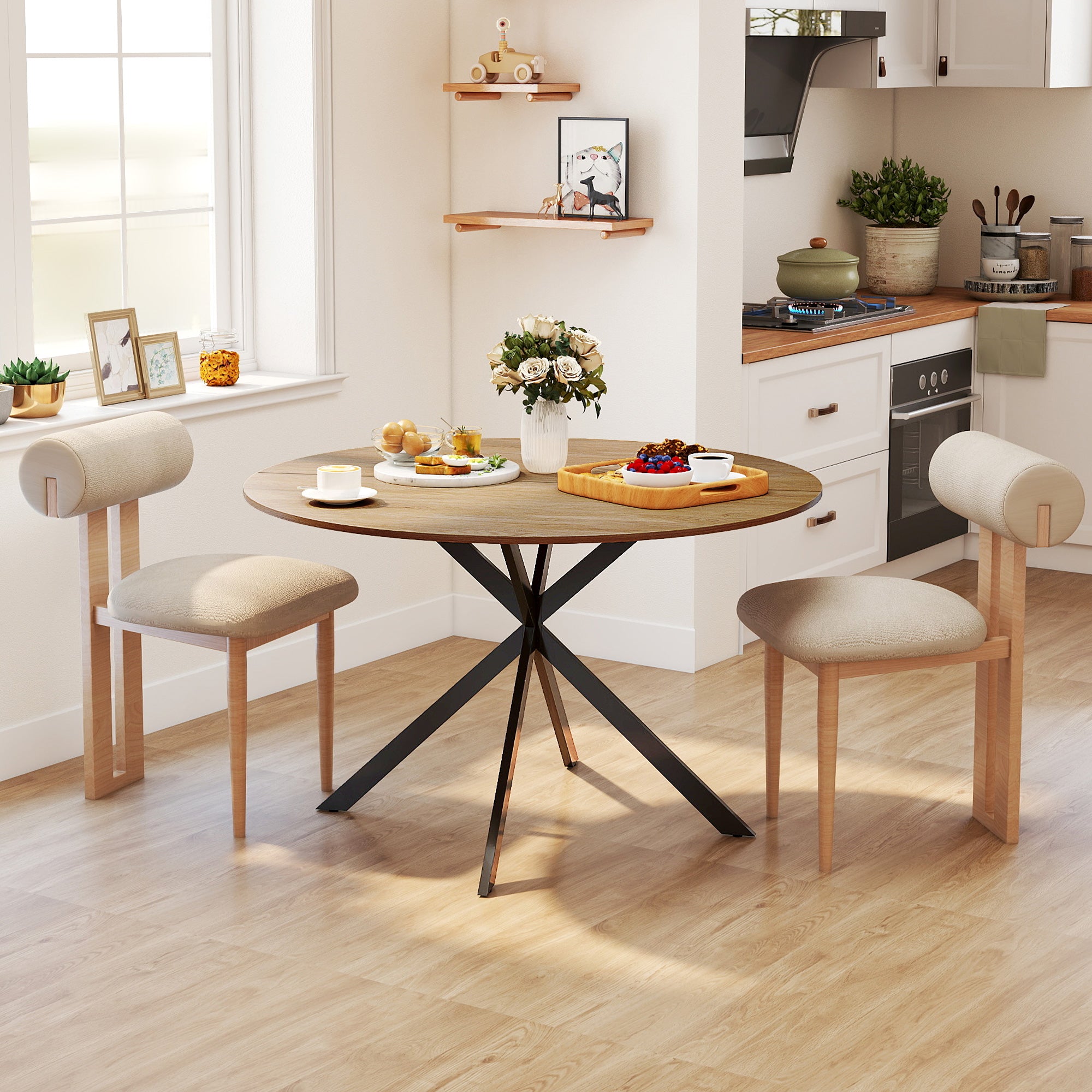 Dining Table for 4, 120 cm Industrial Kitchen Table with Wood Effect Tabletop and Steel Legs, Oak