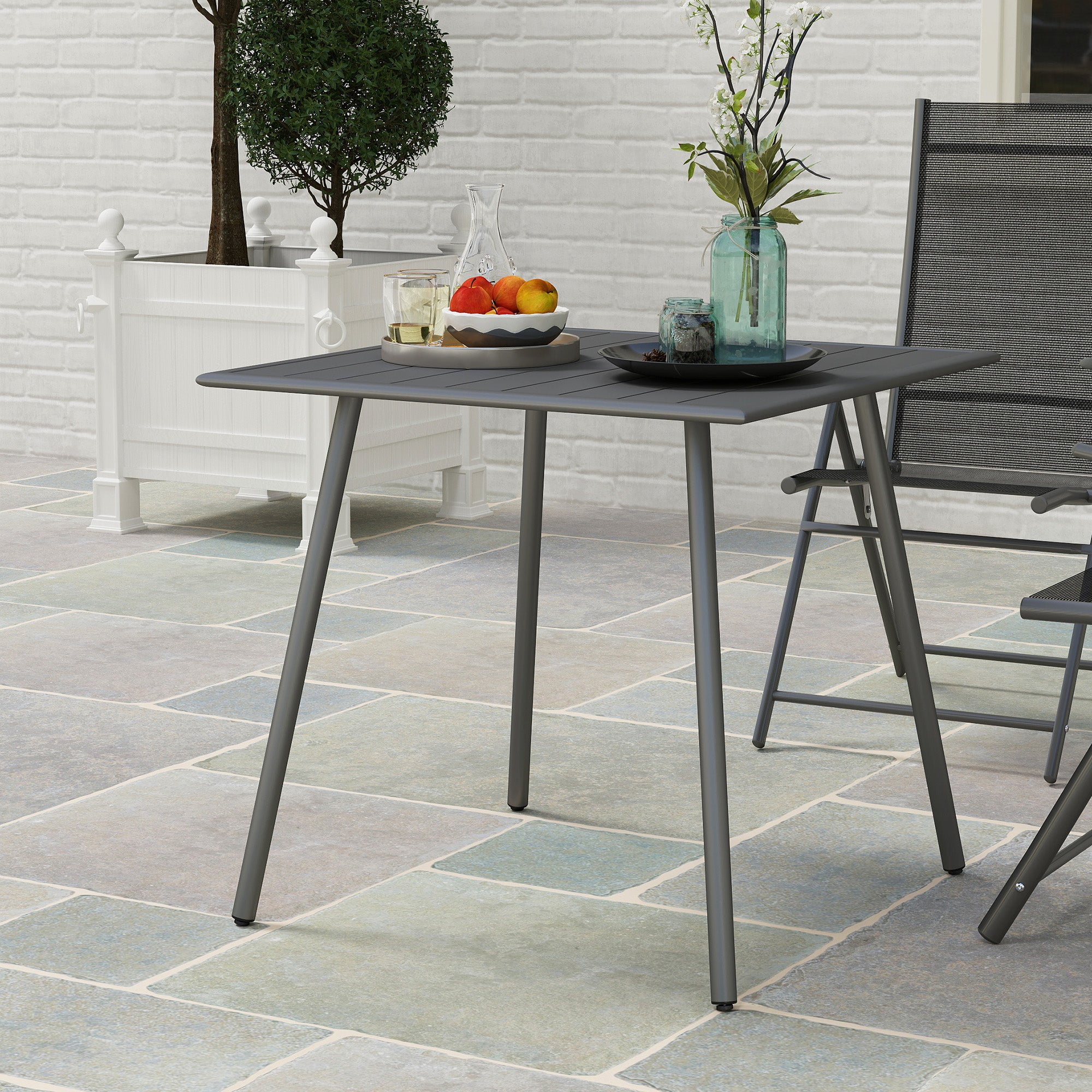 4 Seater Square Garden Table with Slat Top Steel Frame - Grey