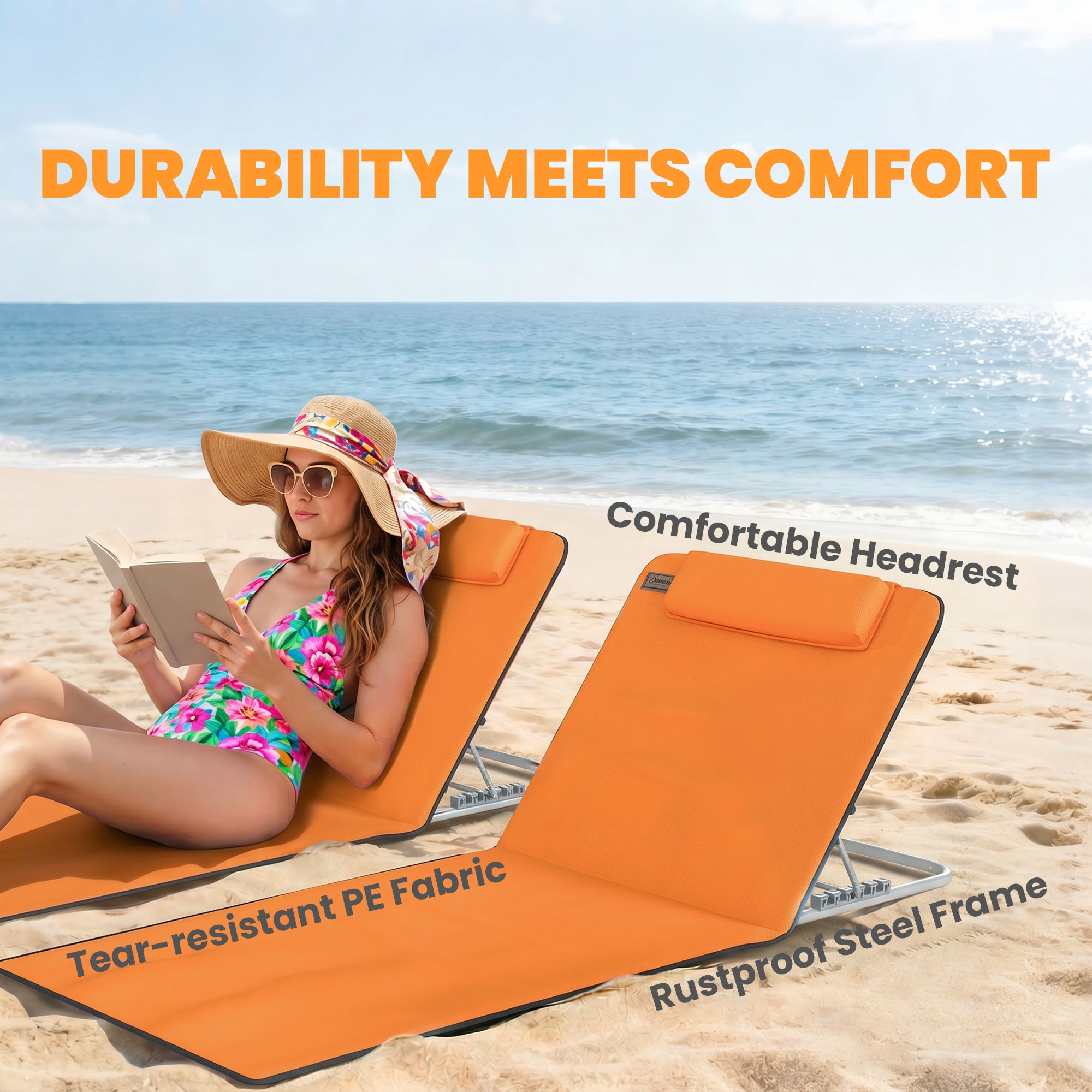 Set of Two Metal Frame Beach Chairs, with Reclining Backs - Orange