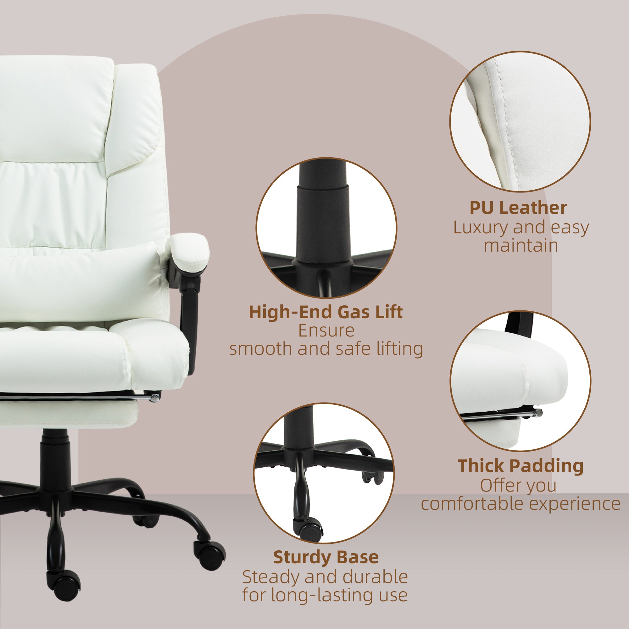 6-Point Massage Office Chair, PU Leather Desk Chair with Adjustable Height and Footrest for Home Office, White